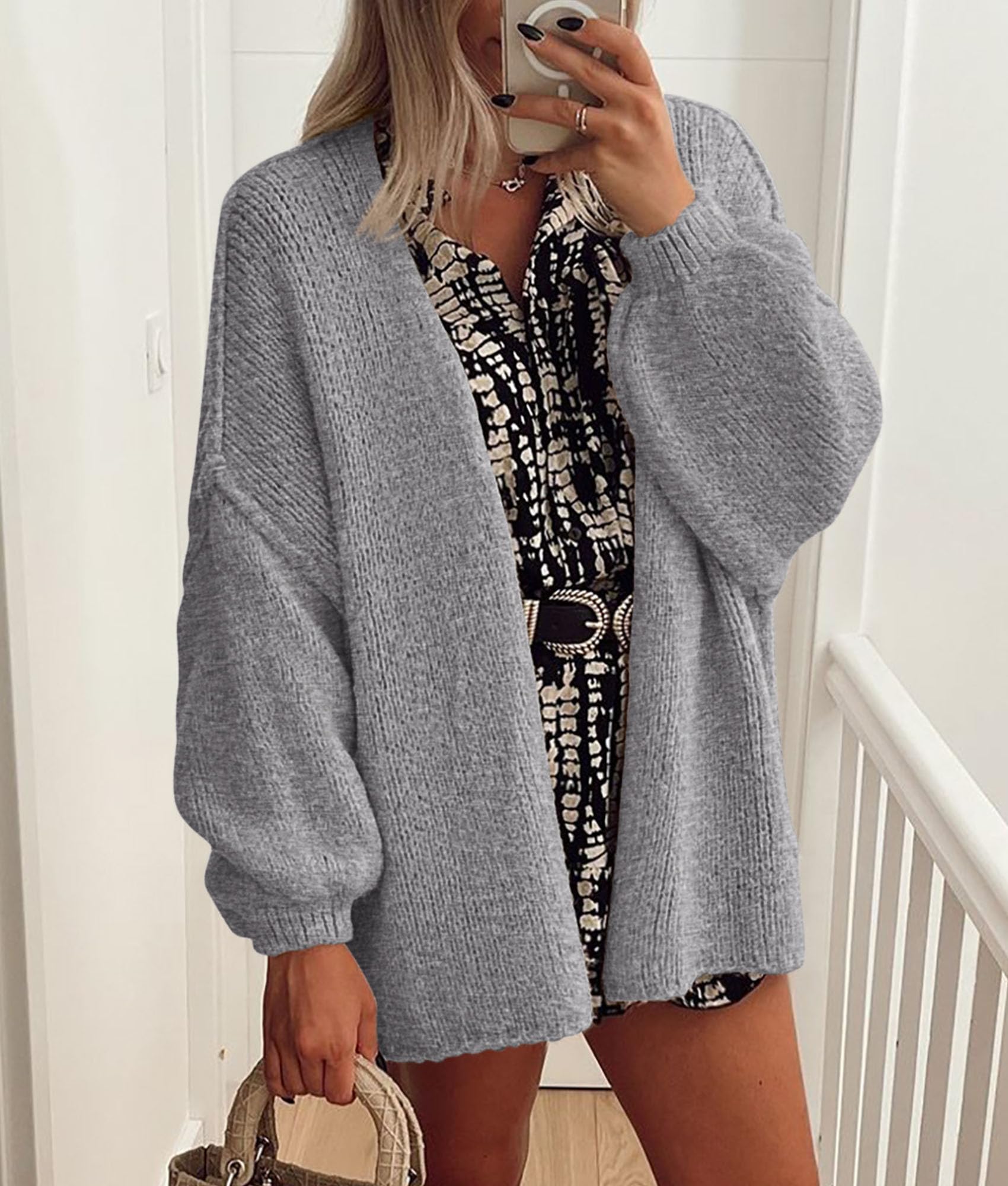 PRETTYGARDEN Womens Oversized Cardigan Sweaters Fall Long Lantern Sleeve Knit Open Front Lightweight Sweater