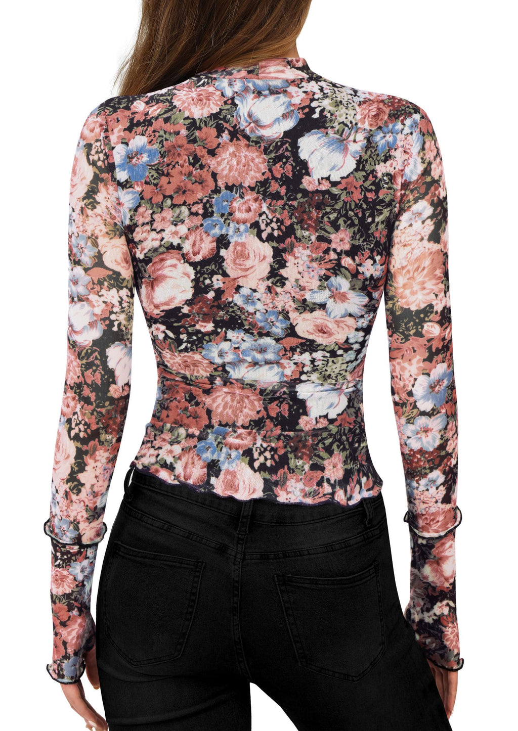 PRETTYGARDEN Womens Fall Mesh Floral Blouses Long Sleeve Going Out Tops Slim Fitted Shirts Date Night Outfits