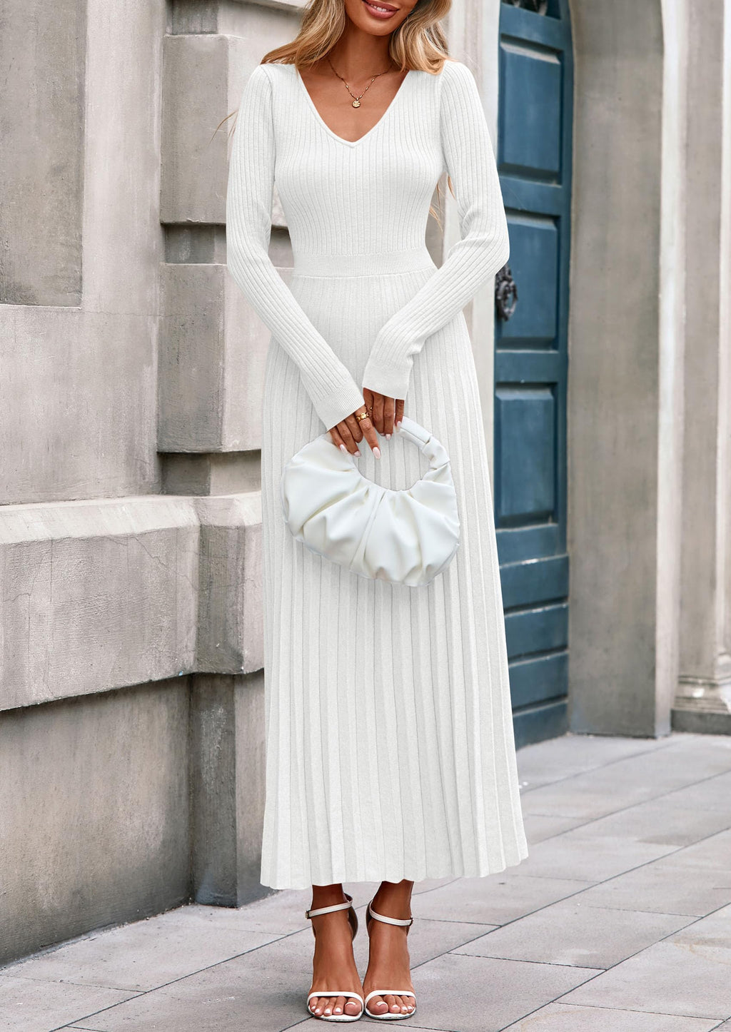 PRETTYGARDEN Women Sweater Dress Fall Fashion Long Sleeve V Neck Ribbed Knit Pleated A Line Elegant Maxi Winter Dresses
