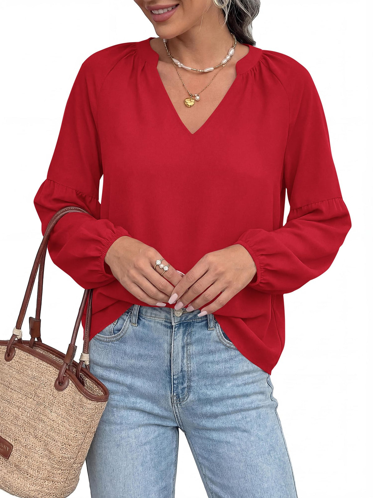 BTFBM Blouses for Women Dressy Casual Boho Tops V Neck Lightweight Long Sleeve Shirts Spring Clothes