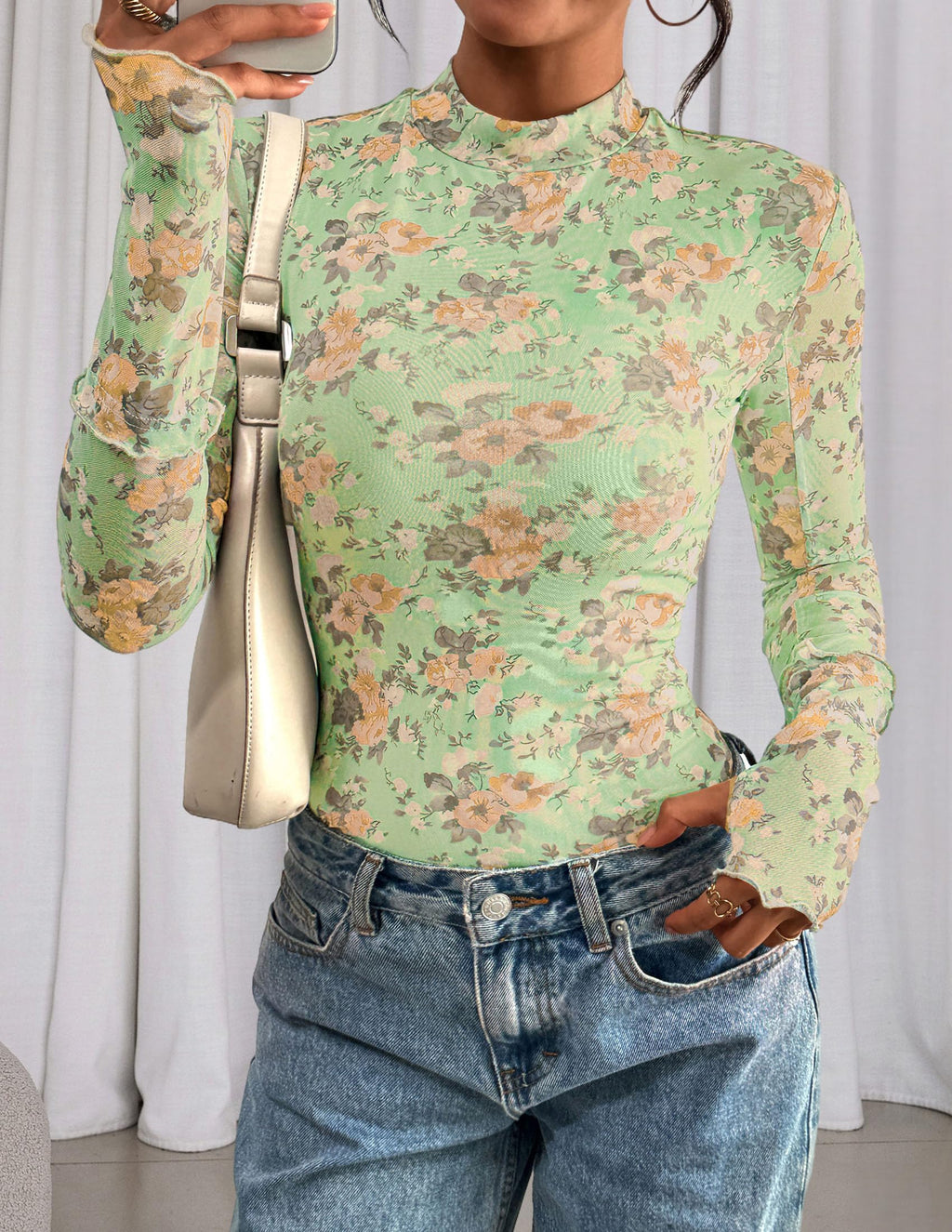 PRETTYGARDEN Womens Fall Mesh Floral Blouses Long Sleeve Going Out Tops Slim Fitted Shirts Date Night Outfits