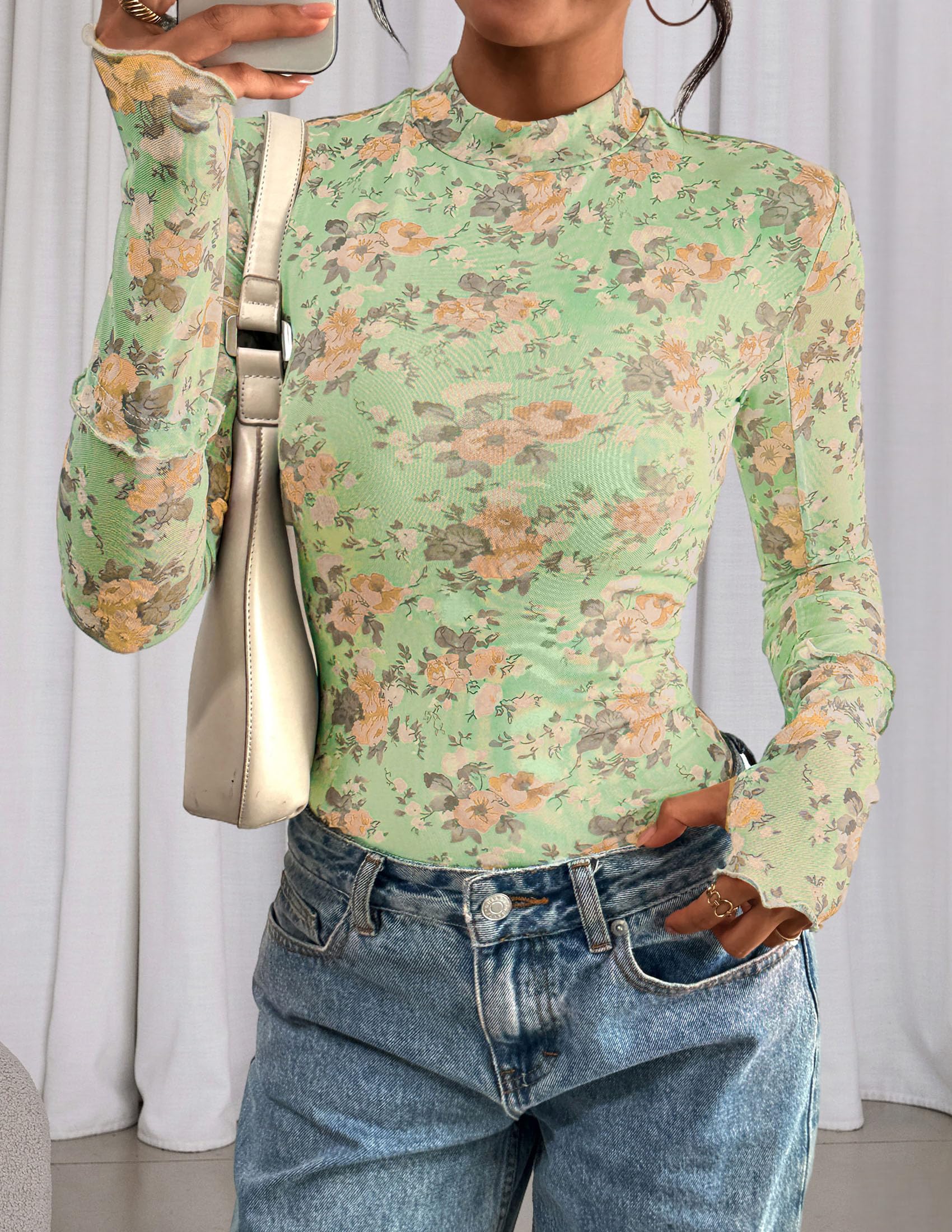 PRETTYGARDEN Womens Fall Mesh Floral Blouses Long Sleeve Going Out Tops Slim Fitted Shirts Date Night Outfits