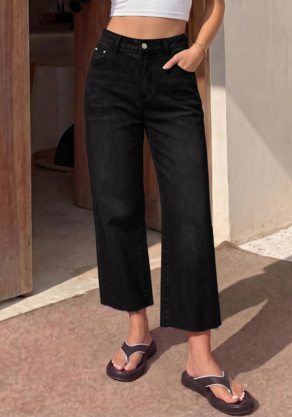 BTFBM Jeans for Women Summer High Waisted Button Straight Leg Stretchy Cropped Raw Hem Trendy Denim Pants Pockets