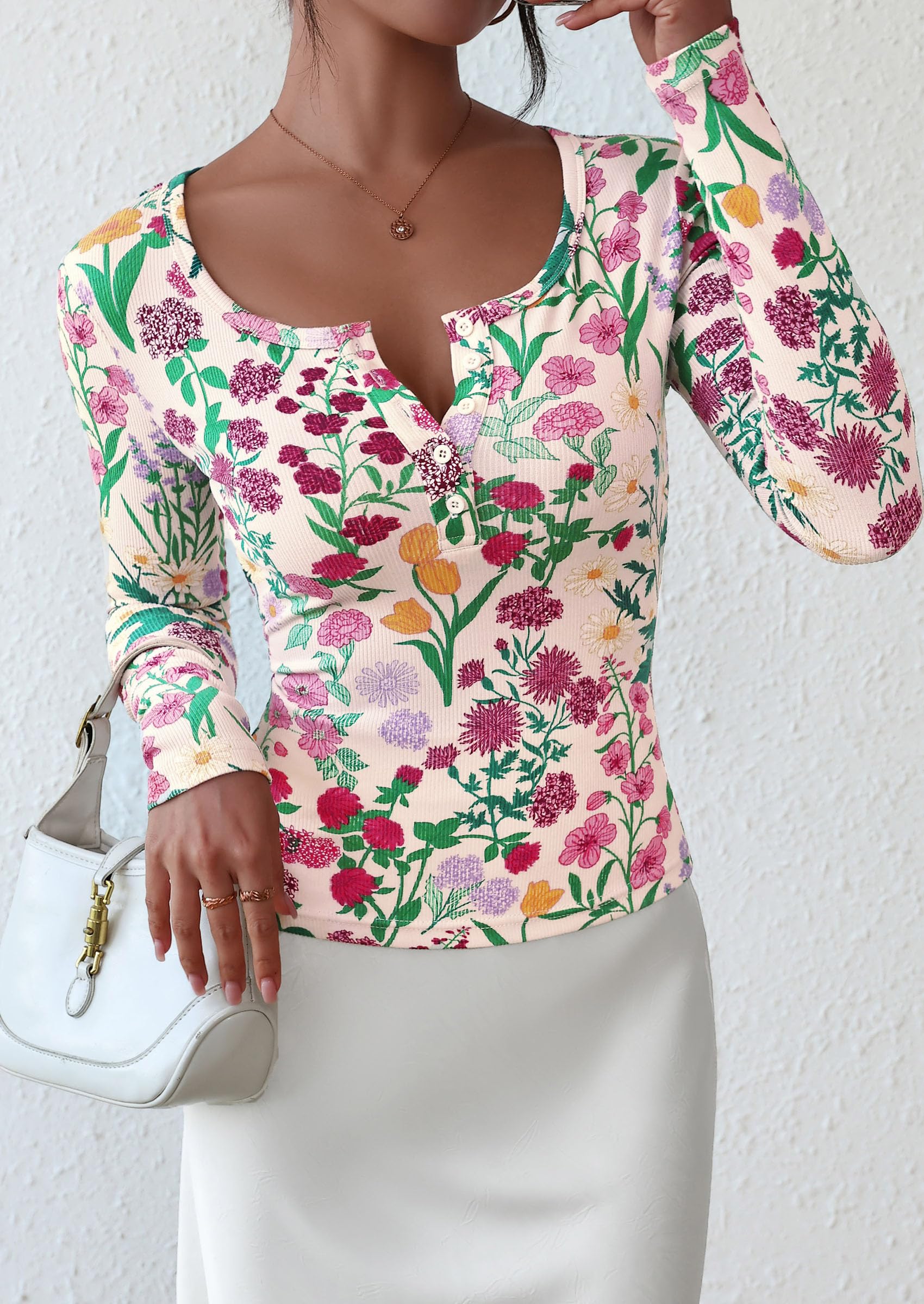 PRETTYGARDEN Women's Fall Long Sleeve Henley T Shirts Button Ribbed Knit Slim Fit Basic Tops Blouse Casual Outfits