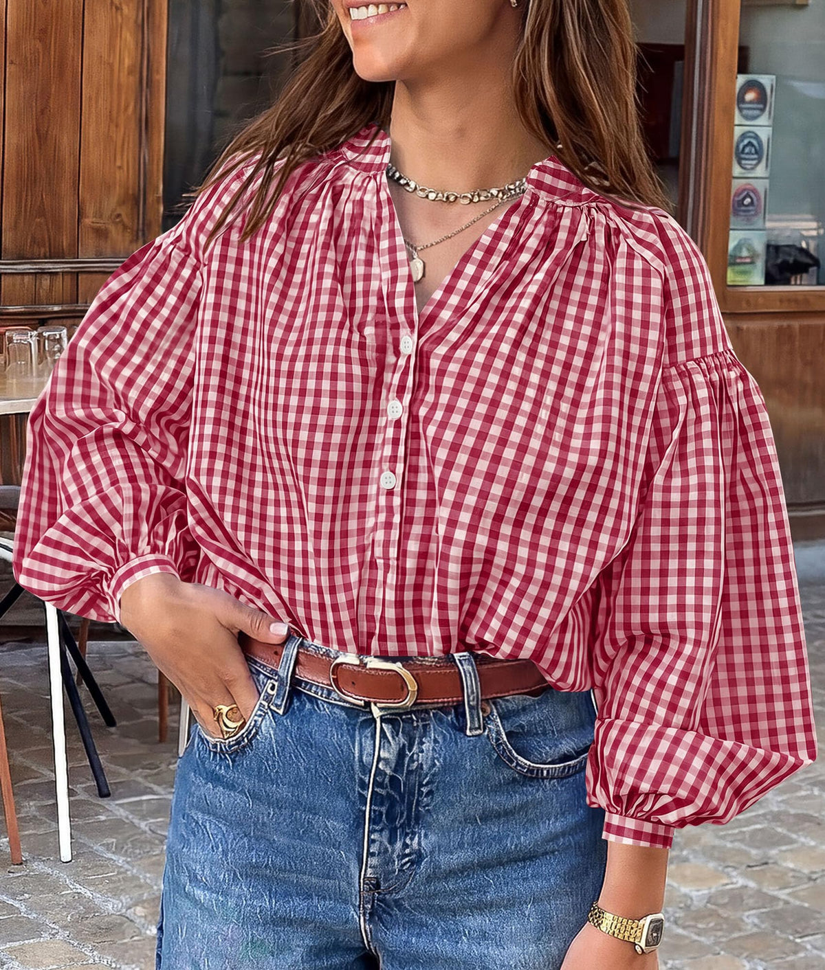 PRETTYGARDEN Women Fall Plaid Long Puff Sleeve Shirts V Neck Casual Blouses Gingham Button Down Oversized, Pleated Drop Shoulder Cotton Tops, Dressy Casual, Work Vacation Travel, Fall Outfits Trendy