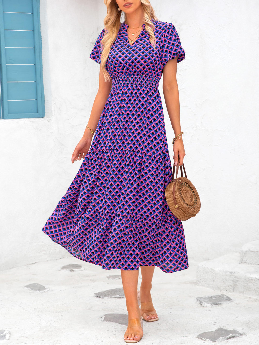 PRETTYGARDEN Summer Maxi Dresses for Women  Casual V Neck Puff Short Sleeve Smocked Flowy Beach Boho Long Floral Dress