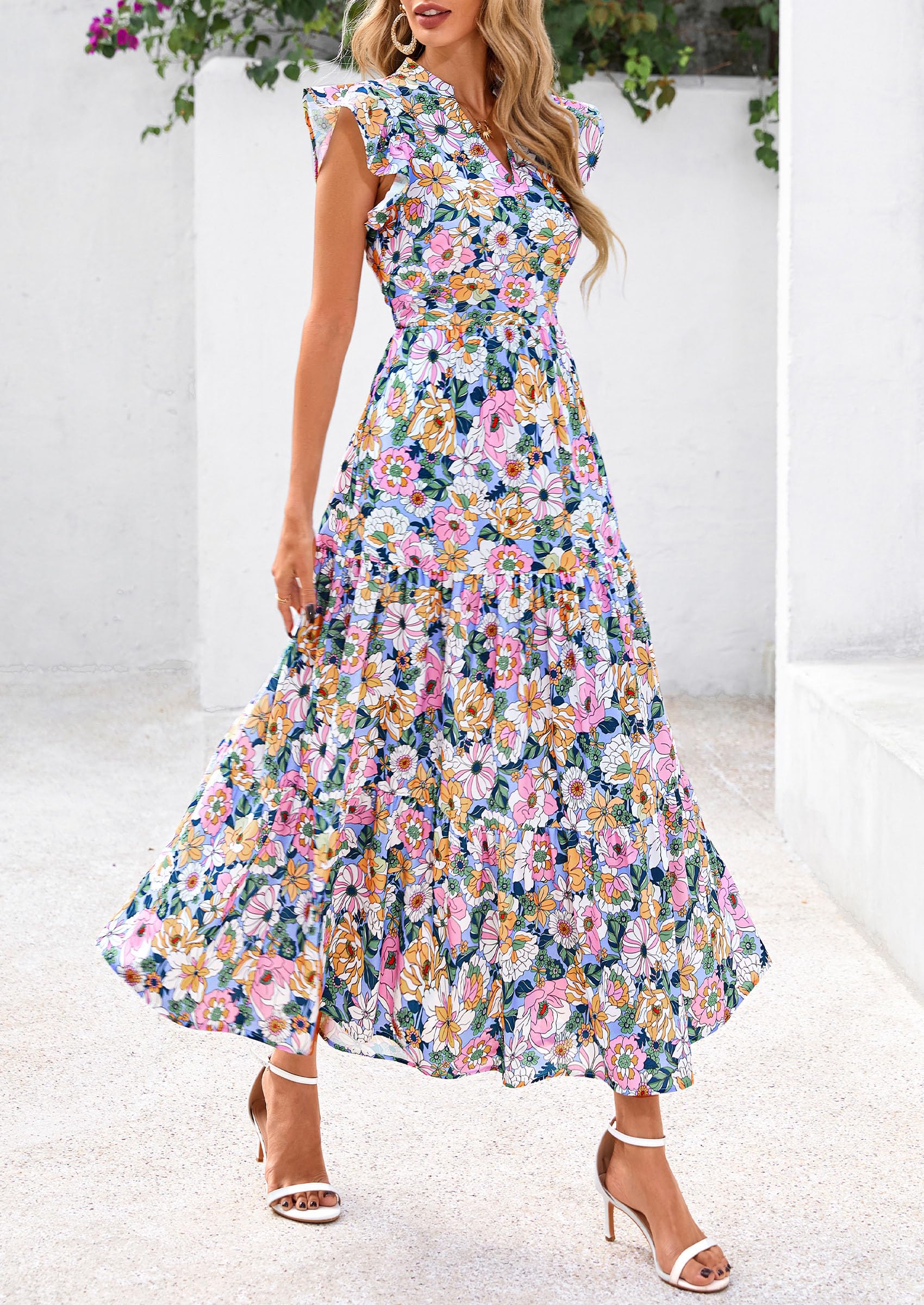 Visit the PRETTYGARDEN Store PRETTYGARDEN Women's Summer Floral Midi Dress Cap Sleeve V Neck Ruffle Long Flowy Boho Casual Beach Vacation Dresses