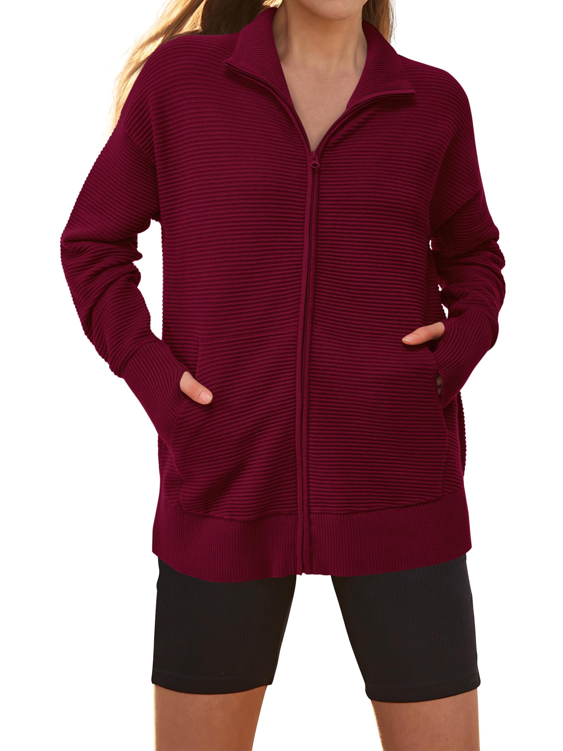 PRETTYGARDEN Womens Fall Long Sleeve Zip Up Cardigan Sweaters Casual Loose Collared Ribbed Knit Tops Jackets Thumb Hole