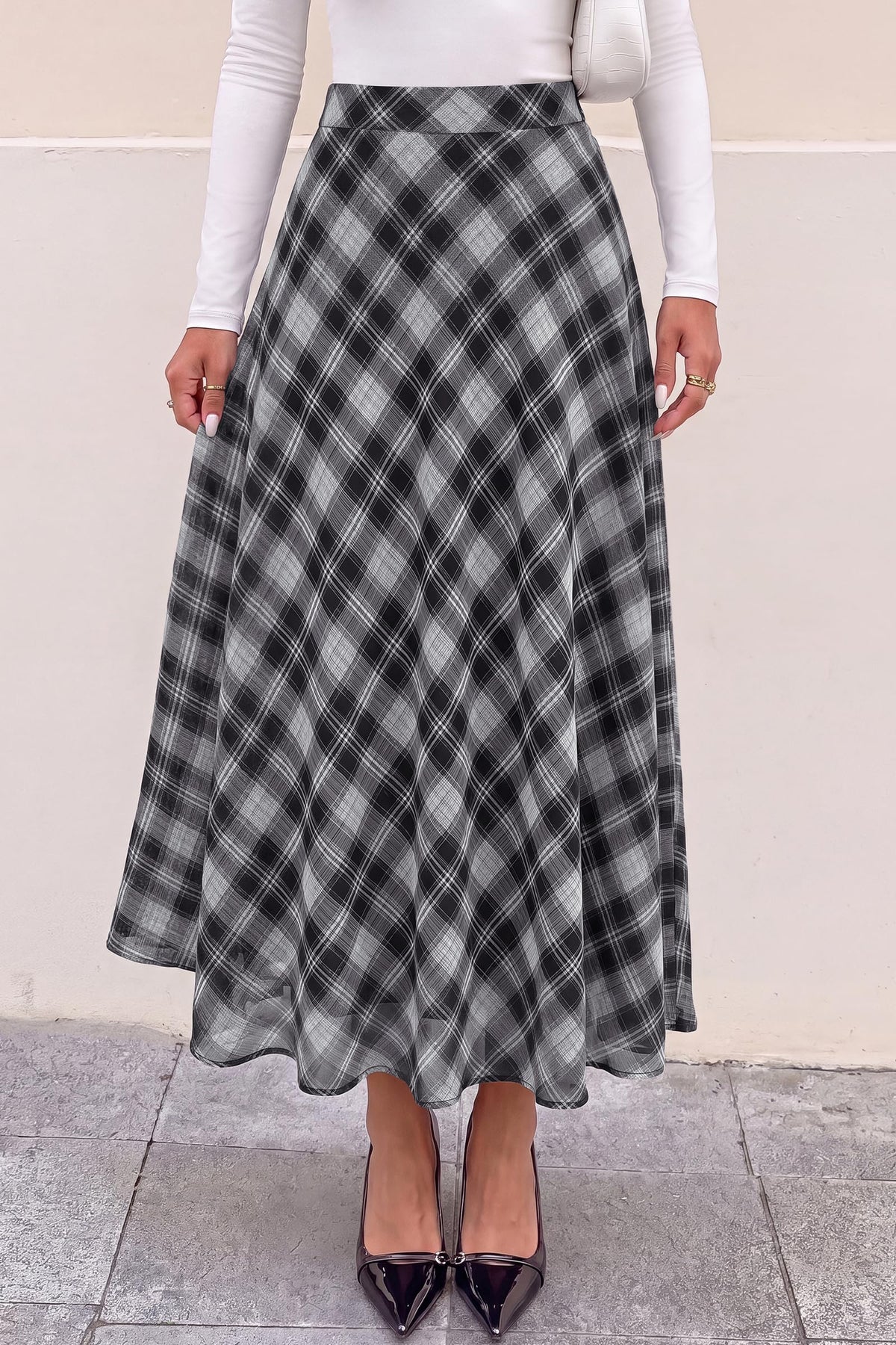 FreshPretty Casual A-Line Plaid Maxi Skirts for Women Trendy Fall Fashion Lightweight Chiffon Gingham Elastic Waist Long Skirt,Cute Winter Clothing,Spring Flowy Beach Vacation Clothes