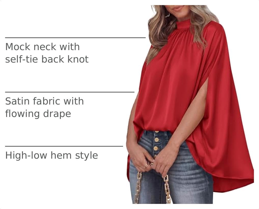 BTFBM Womens Summer Tops Mock Neck Batwing Sleeve Silk Satin Shirts Loose Oversized Dressy Casual Spring Blouses