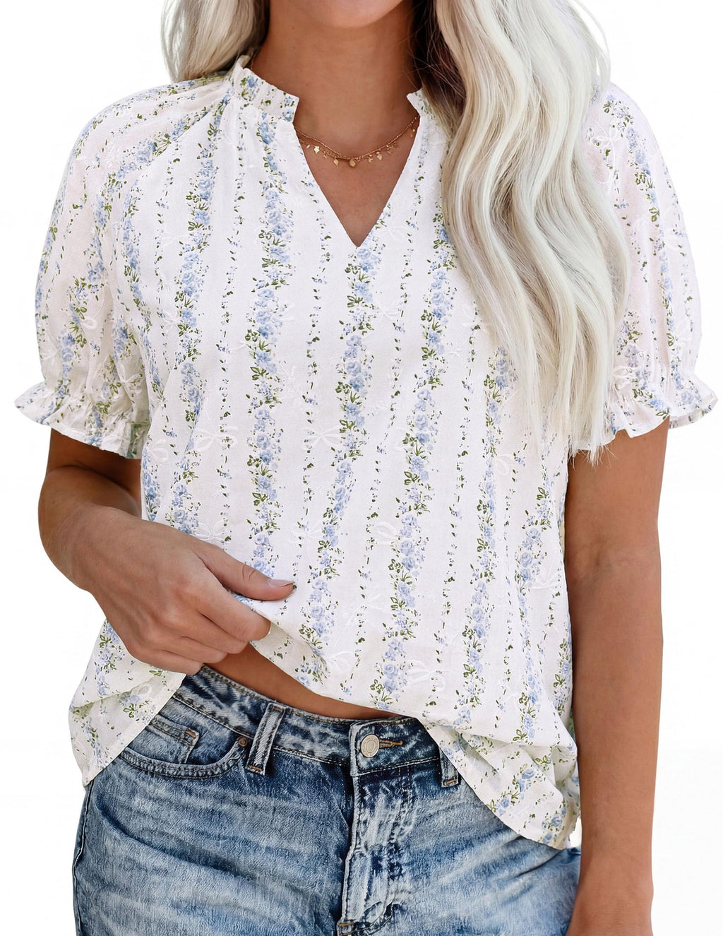 PRETTYGARDEN Summer Short Sleeve V Neck Shirts for Women Trendy Floral Print Loose Ruffle Tops Business Casual Blouses