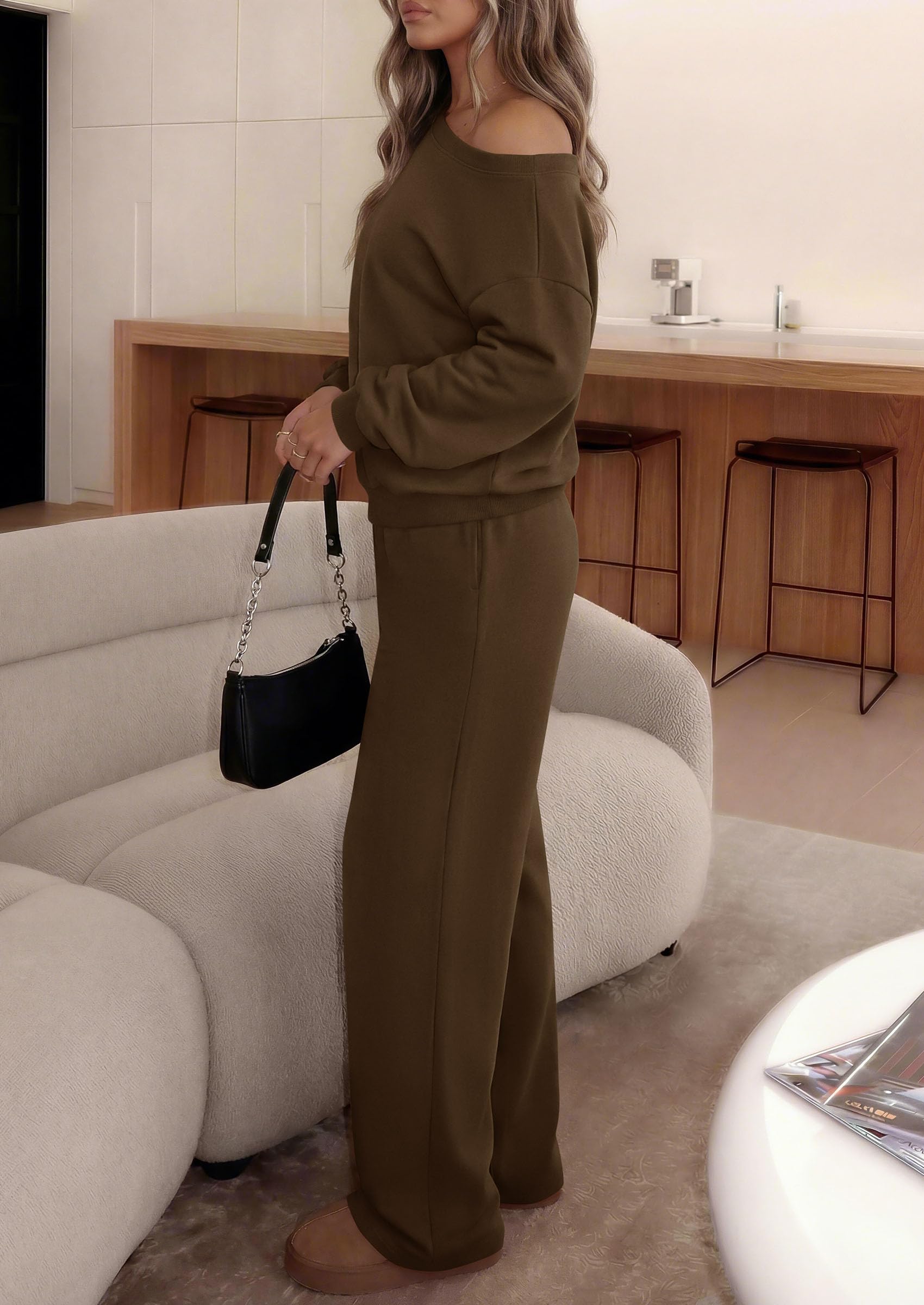 PRETTYGARDEN Womens 2 Piece Casual Matching Lounge Sets Fashion Off the Shoulder Sweatshirt, Wide Leg Pants with Pockets, Comfy Airport Travel Outfit,Trendy Fall Set
