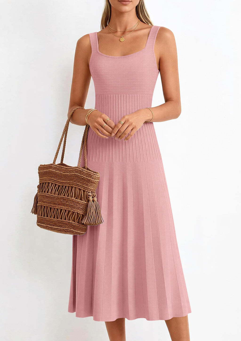 PRETTYGARDEN Spring Dresses for Women Summer Casual Sleeveless Square Neck A Line Knit Pleated Midi Cocktail Party Dress