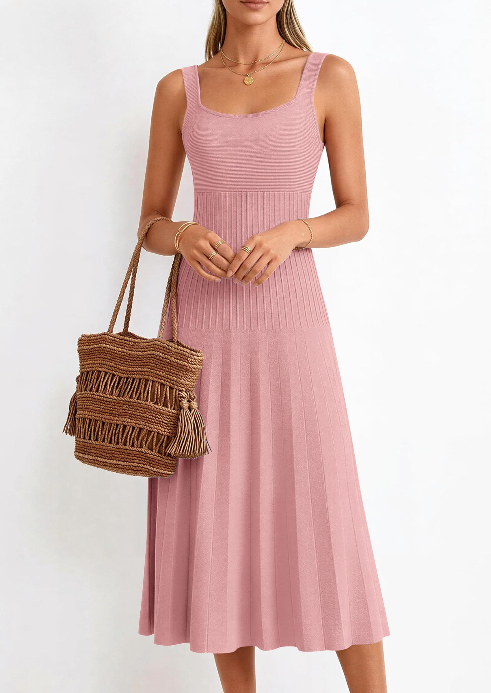 PRETTYGARDEN Spring Dresses for Women Summer Casual Sleeveless Square Neck A Line Knit Pleated Midi Cocktail Party Dress
