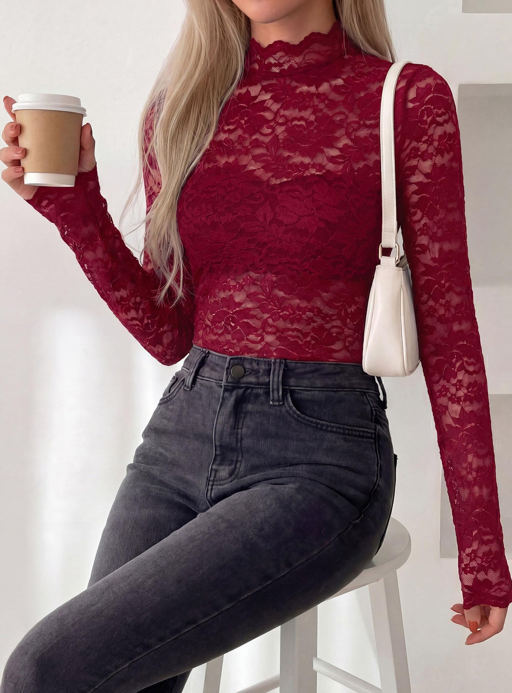 PRETTYGARDEN Womens Lace Long Sleeve Tops Sheer Mesh Blouse | Mock Neck Floral See Through, Slim Fitted, Soft Stretchy Elegant, Going Out Concert, Club Party Outfits, Fall Fashion Clothes