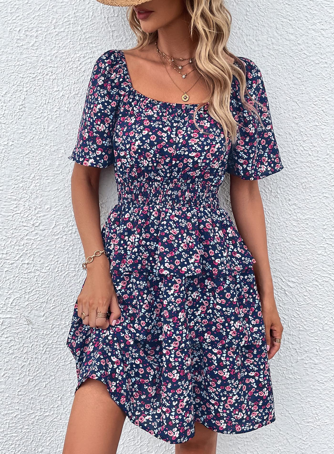 PRETTYGARDEN Women's  Floral Summer Short Dress Square Neck Short Sleeve Tiered Ruffle Boho Swing Dresses