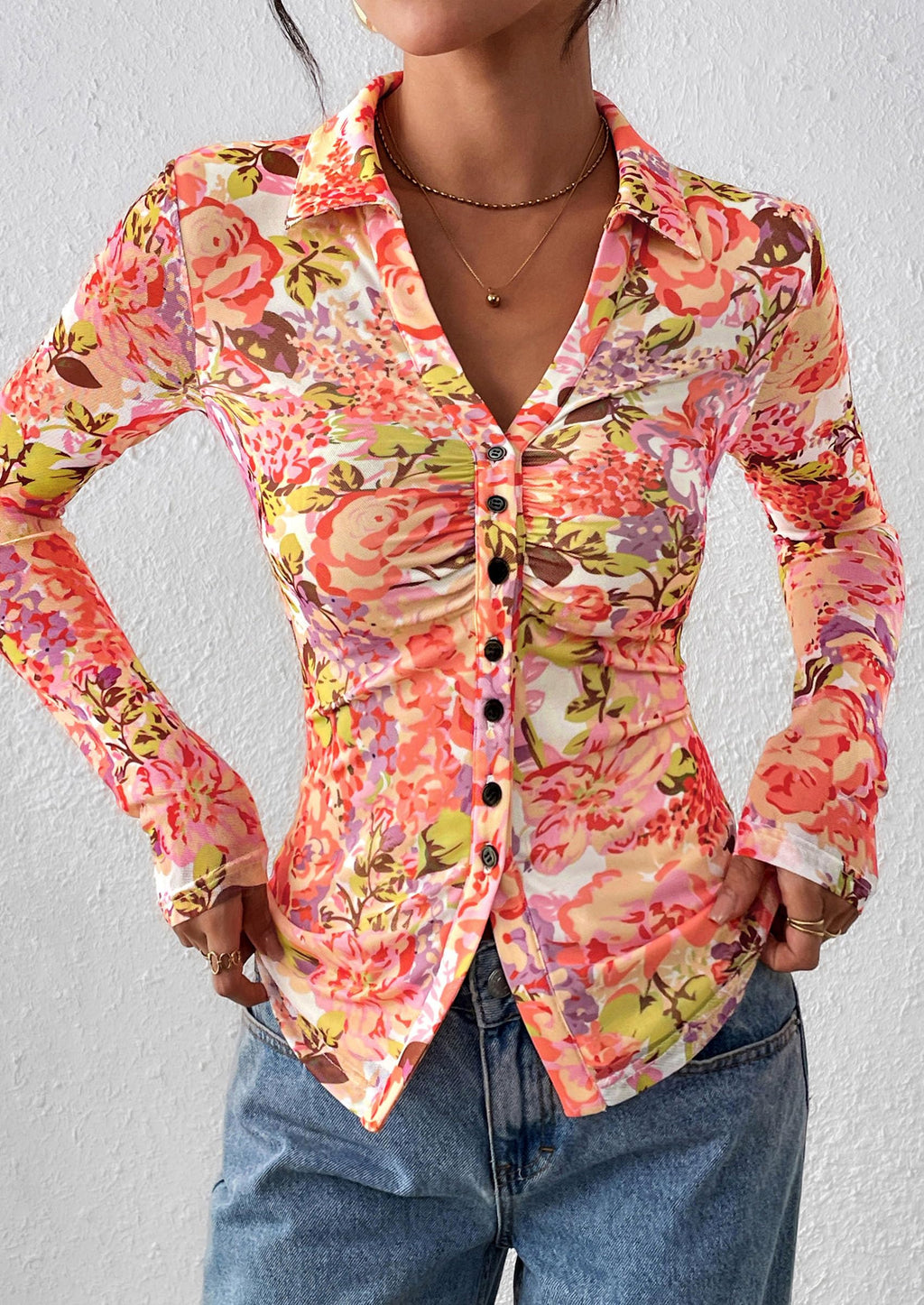 PRETTYGARDEN Women Button Down Floral Shirts Fall Trendy Long Sleeve V Neck Mesh Boho Blouse Spring Tops Date Outfits