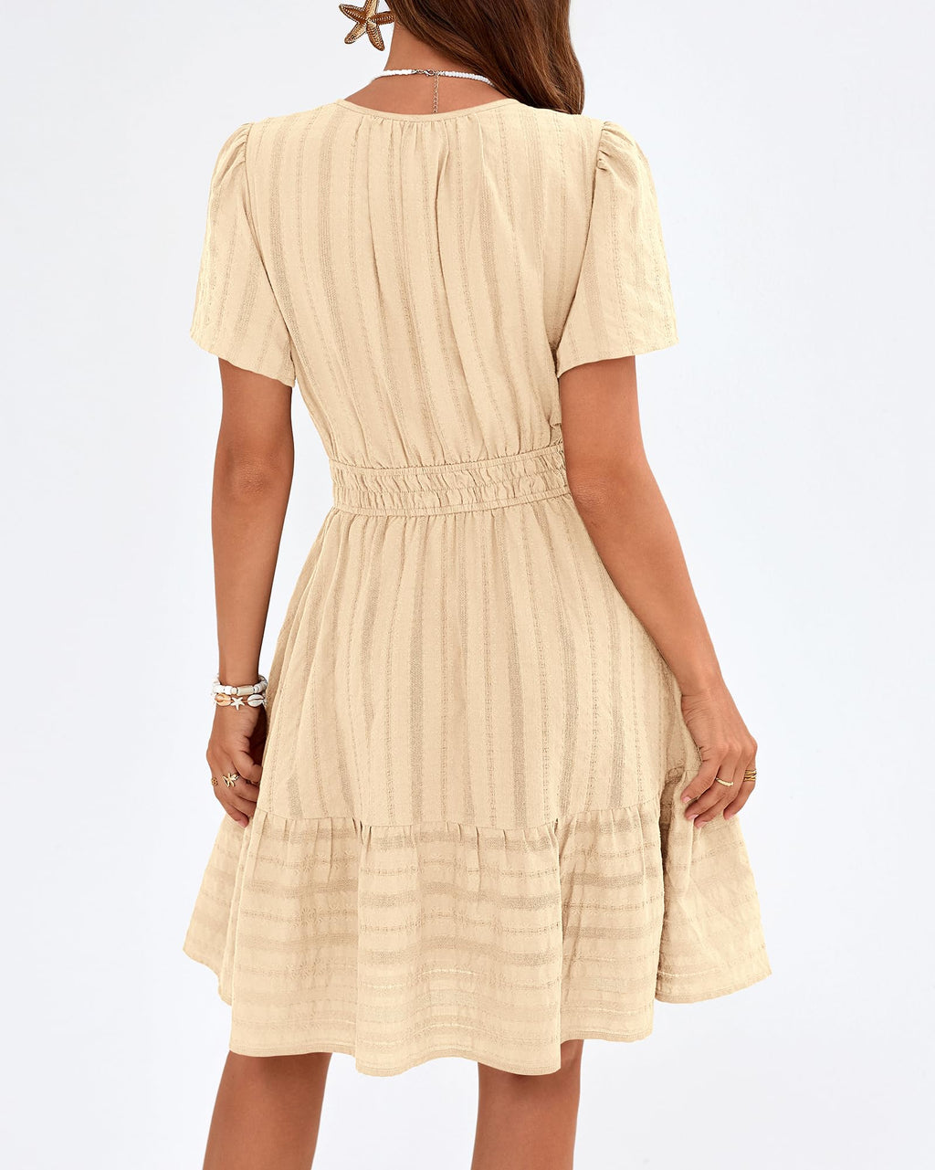 BTFBM Womens Spring  Casual Mini Dresses Lightweight Short Sleeve V Neck Elastic Waist Cute Boho Beach Dress Pockets