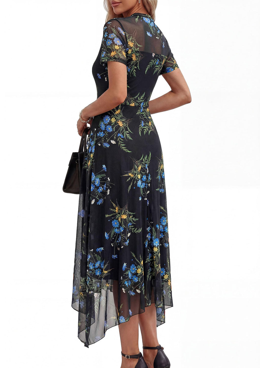 PRETTYGARDEN Cocktail Dresses for Women  Summer Short Sleeve Floral Mesh Sheer Midi Party Wedding Guest Dress