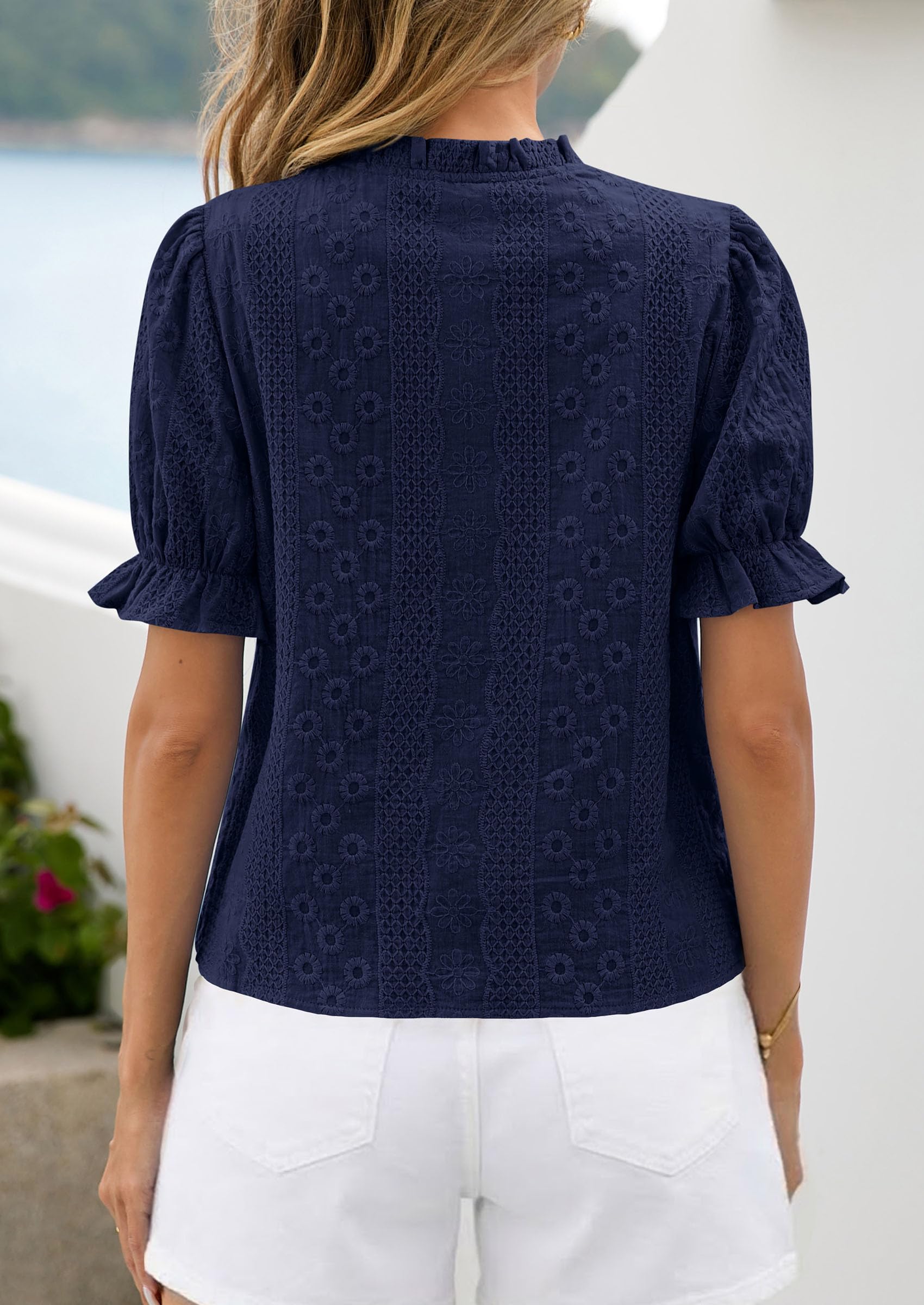 PRETTYGARDEN Womens Puff Short Sleeve Tops  Summer Spring Button Down Boho Embroidered Cute Blouse Dressy Casual Shirts