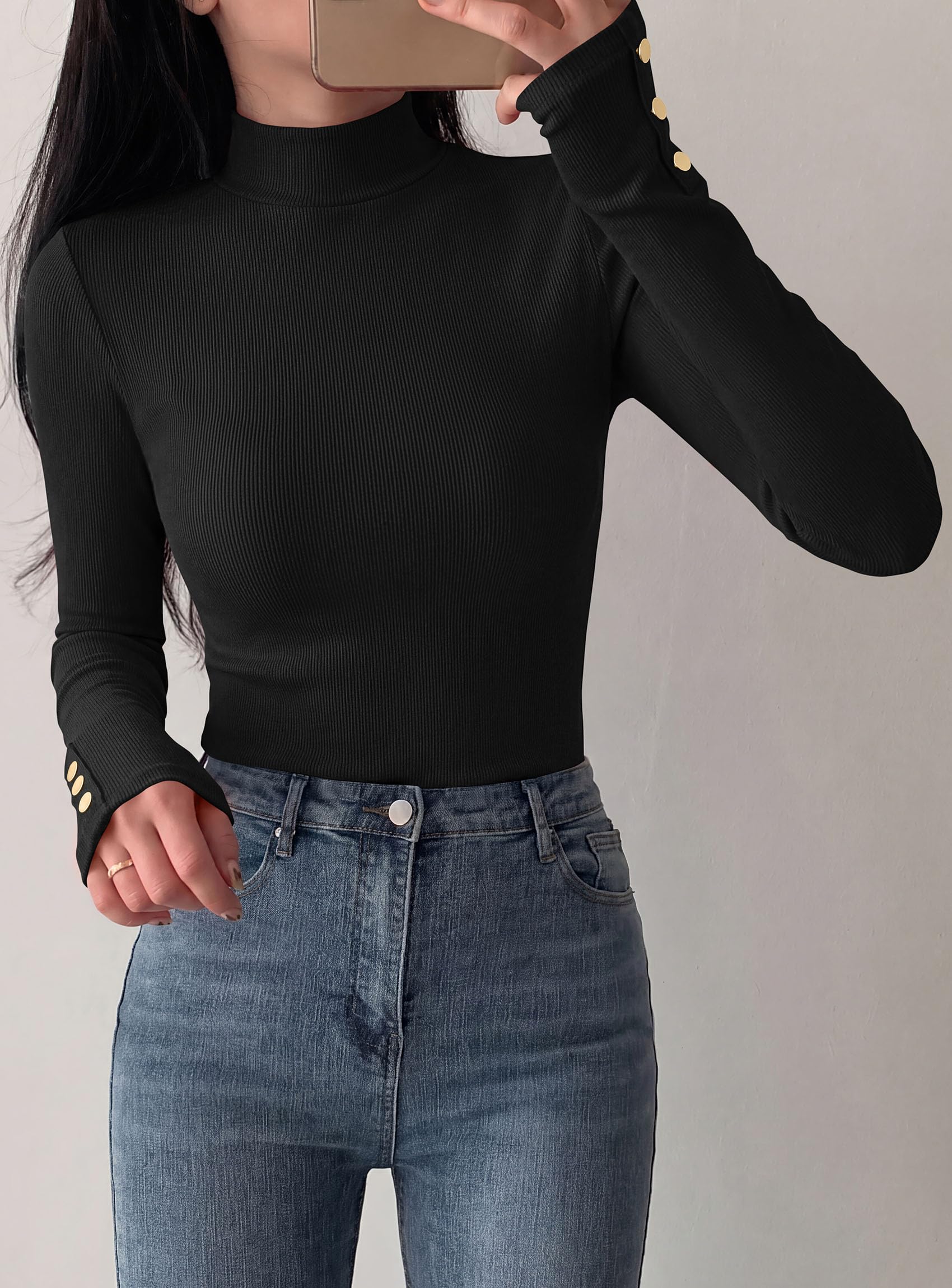 PRETTYGARDEN Women's Ribbed Mock Neck Long Sleeve Tops | Slim Fitted T-Shirts, Soft Stretch, Decorative Buttons, Going Out Work Casual Wear, Fall Outfits Layering Winter Clothes