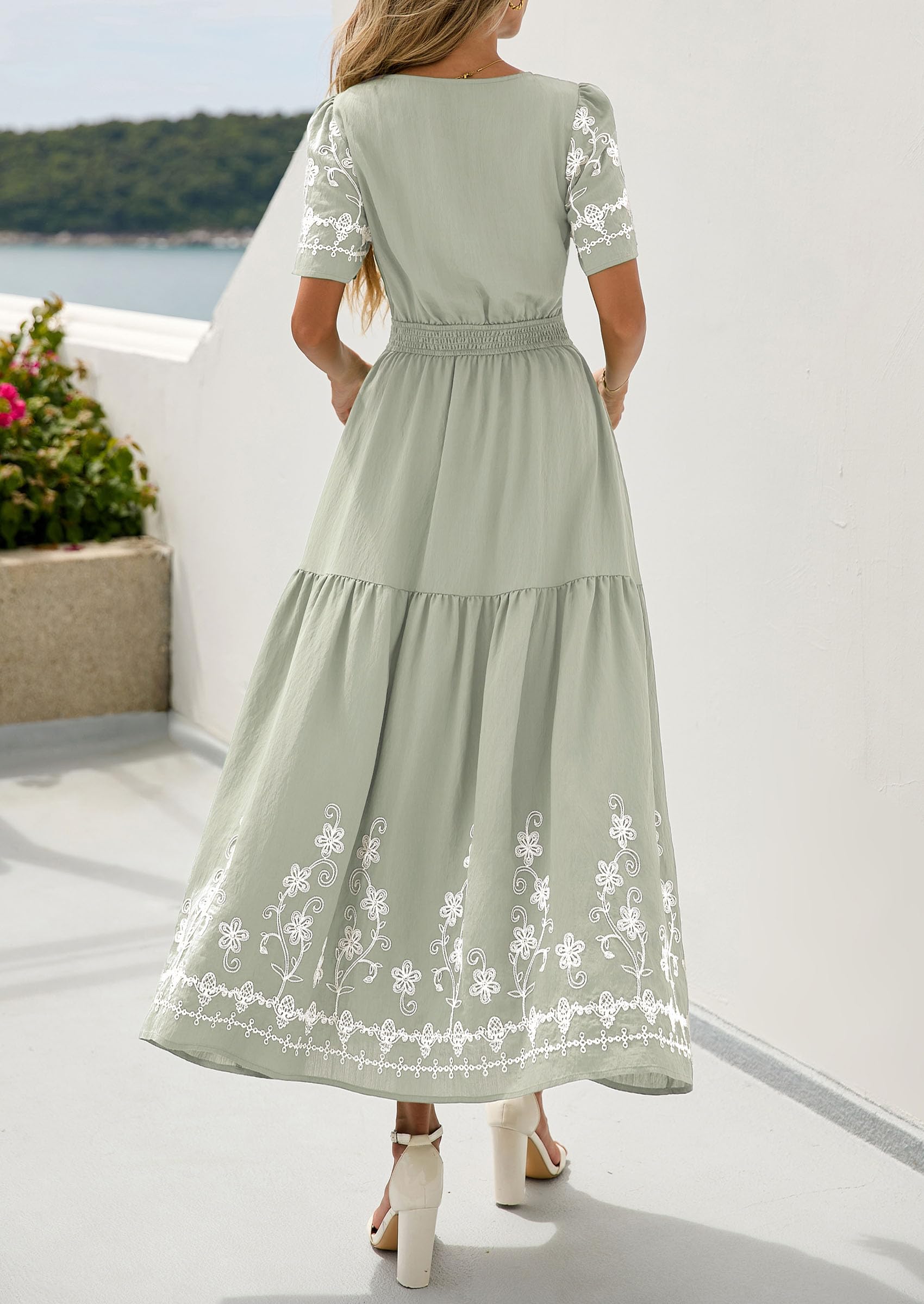 PRETTYGARDEN Women's Summer Boho Maxi Dress Spring Floral Short Sleeve V Neck A Line Flowy Beach Wedding Guest Dresses