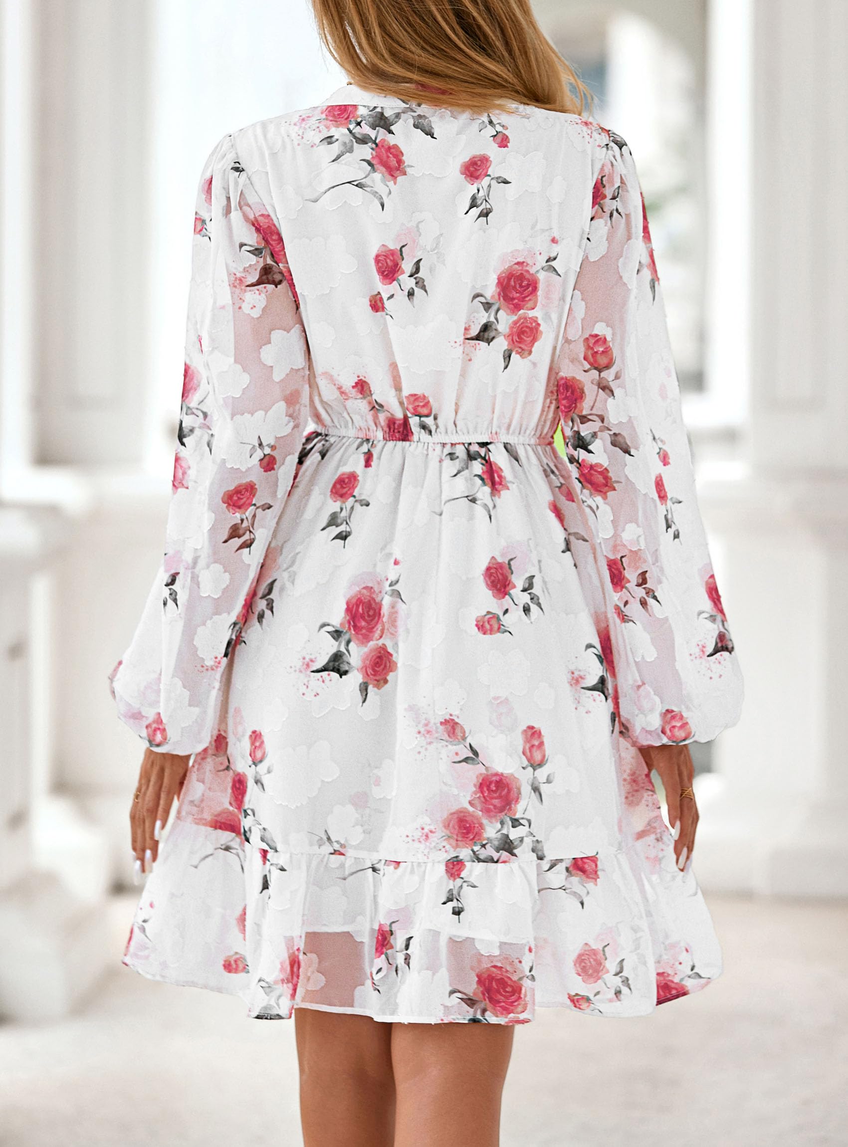 PRETTYGARDEN Women's Fall Boho Dresses  Floral Long Sleeve V Neck Mini Flowy Wedding Guest Dress Trendy Vacation Outfits