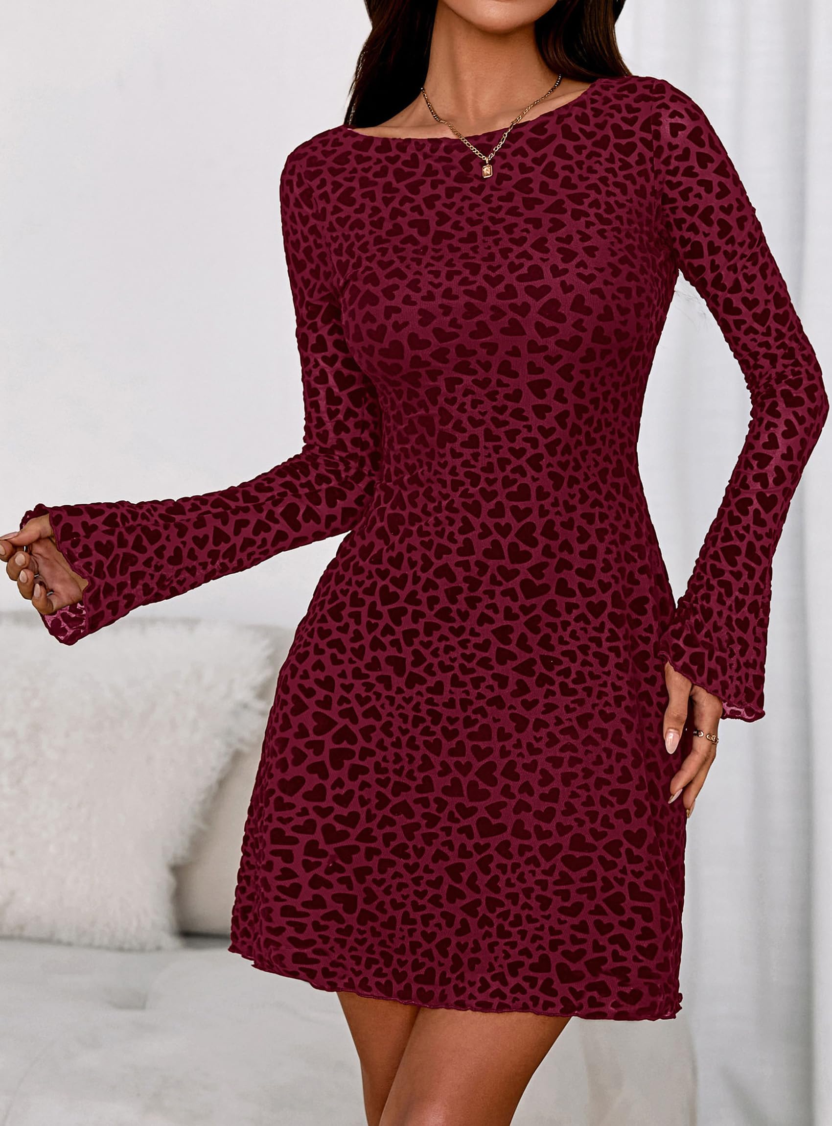 PRETTYGARDEN Women's Fall Fashion Floral Long Sleeve Mini Dress Mesh Bodycon Short Party Date Night Going Out Dresses