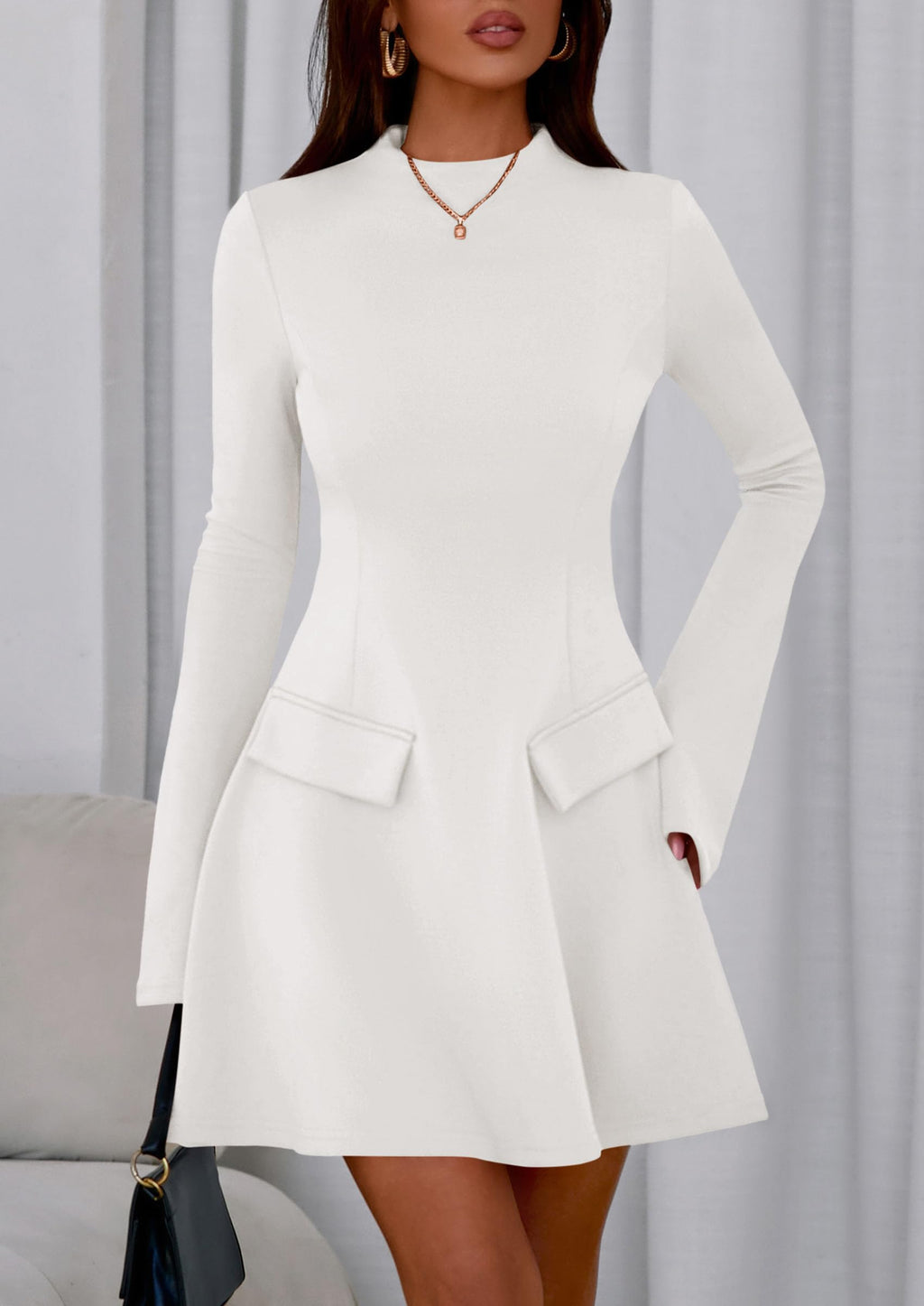 PRETTYGARDEN Women's Elegant Holiday Short Dress  Fall Bell Long Sleeve Mock Neck Work Business Casual Party Mini Dress