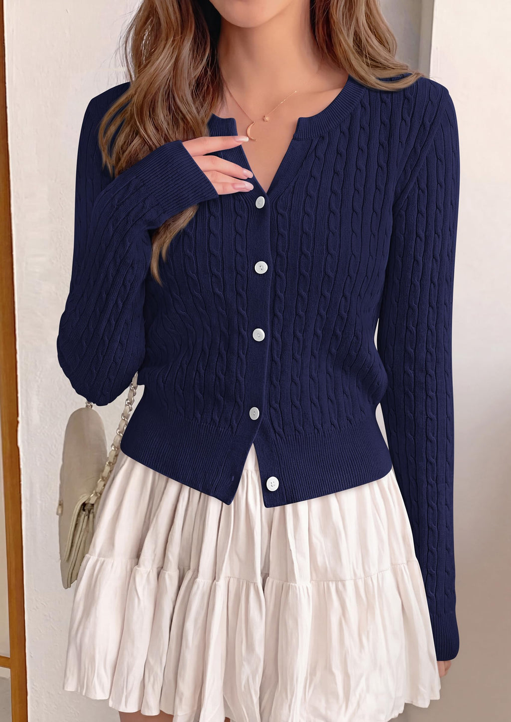 FreshPretty Women's Cable Knit Cropped Cardigan Sweater V Neck Button Down | Soft Lightweight Cable Knit, Long Sleeve, V Neck Button Front, Cropped Ribbed Trim, Business Casual Fall Winter Layering
