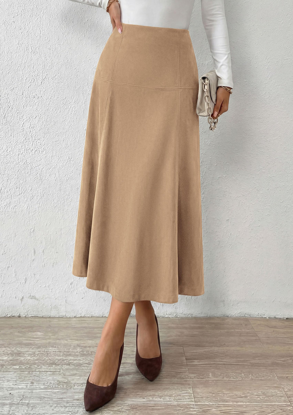 PRETTYGARDEN Womens High Waist Faux Suede A Line Midi Skirt | Hidden Stretch Elastic Waist, Front Back Panel Stitching, Vintage Elegant Mid-Calf Long Skirts for Fall Winter Office Daily