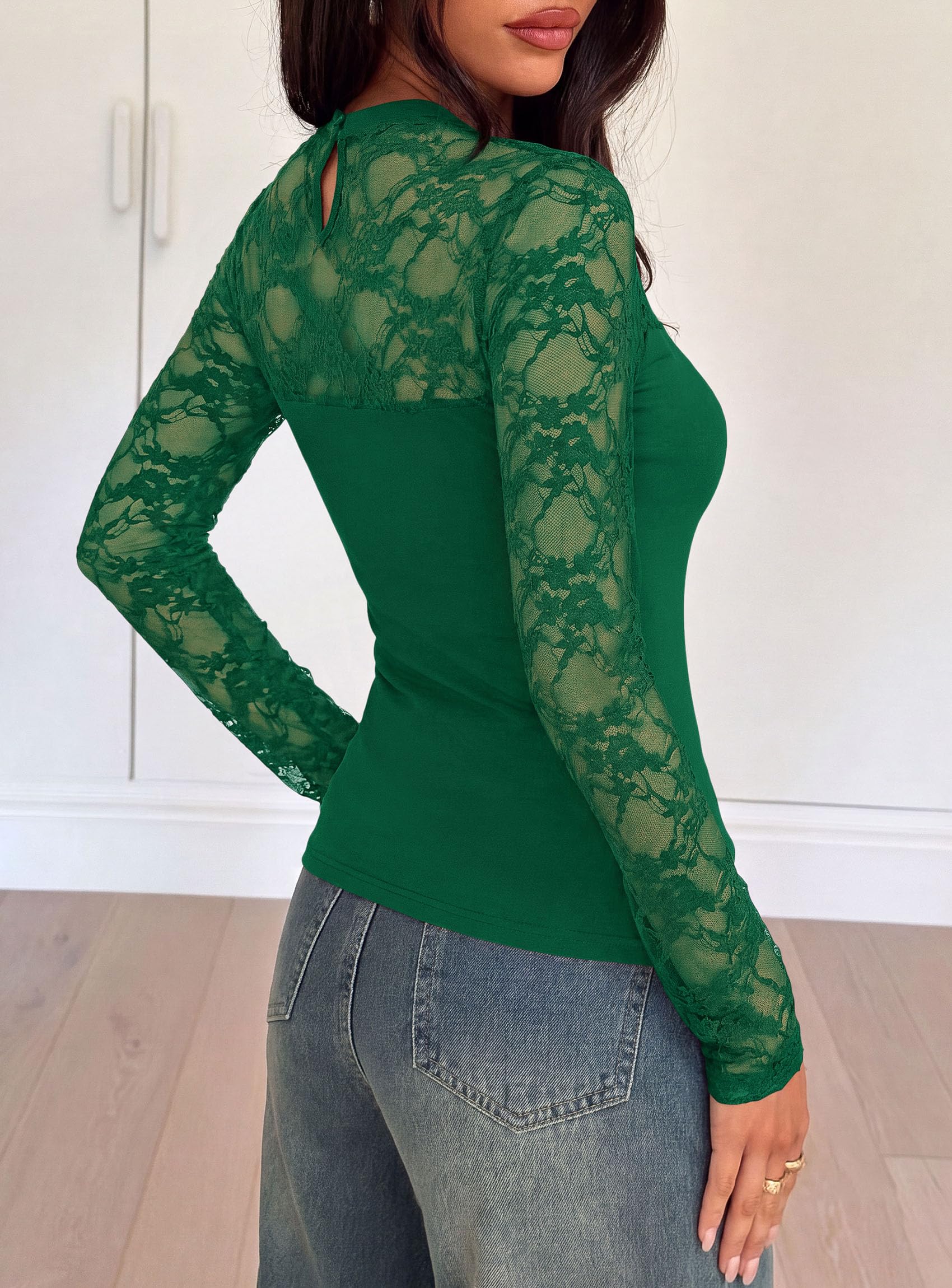 PRETTYGARDEN Womens Mesh Sheer Shirts Lace Long Sleeve Tops
