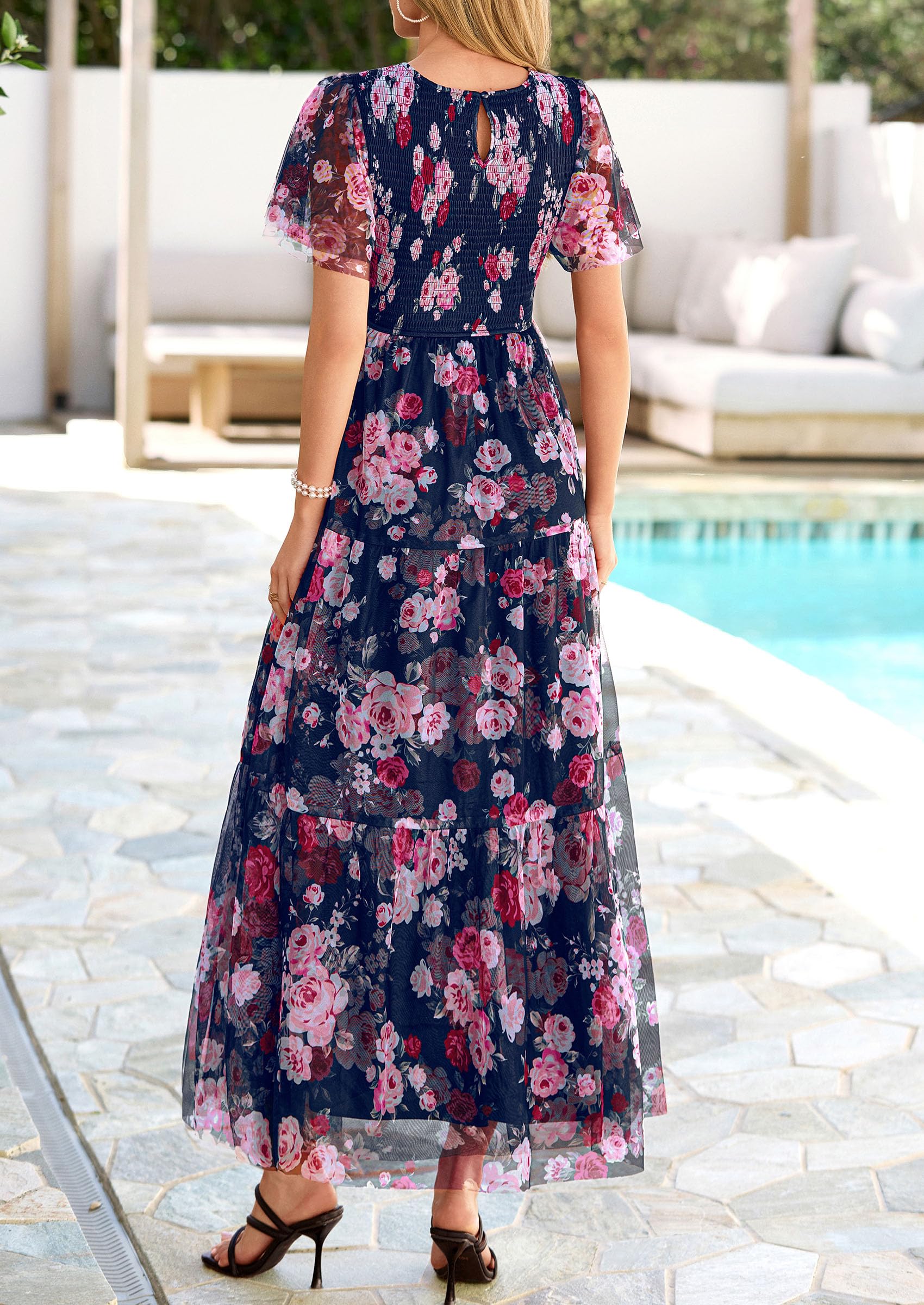 PRETTYGARDEN Tulle Floral Dress Women Summer Wedding Guest  Spring Short Sleeve Maxi Smocked Flowy Beach Party Dresses