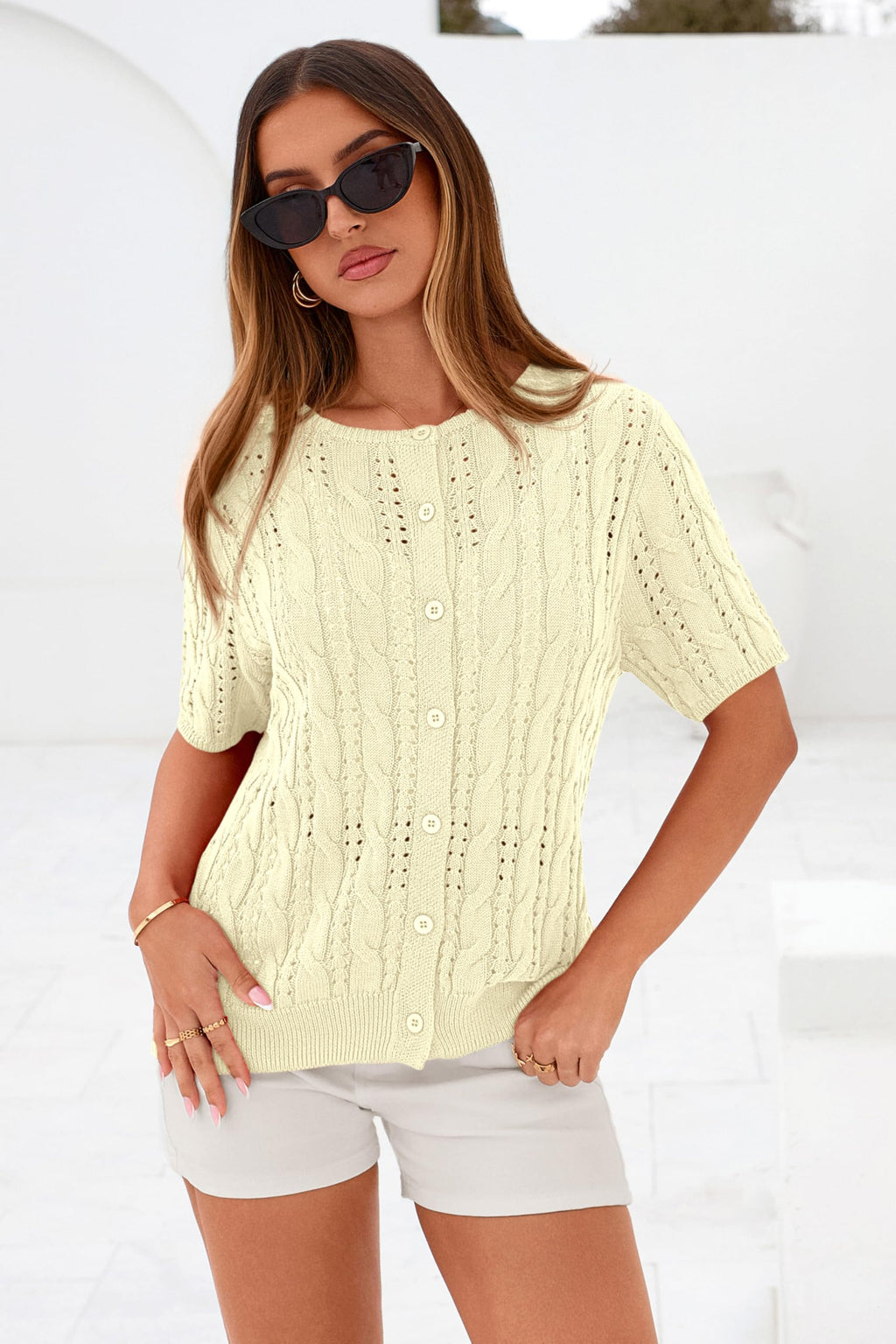 FreshPretty  Women Summer Cable Knit Crochet Cardigan Sweaters Casual Button Short Sleeve Sweater Cute Beach Hollow Out Knit Top