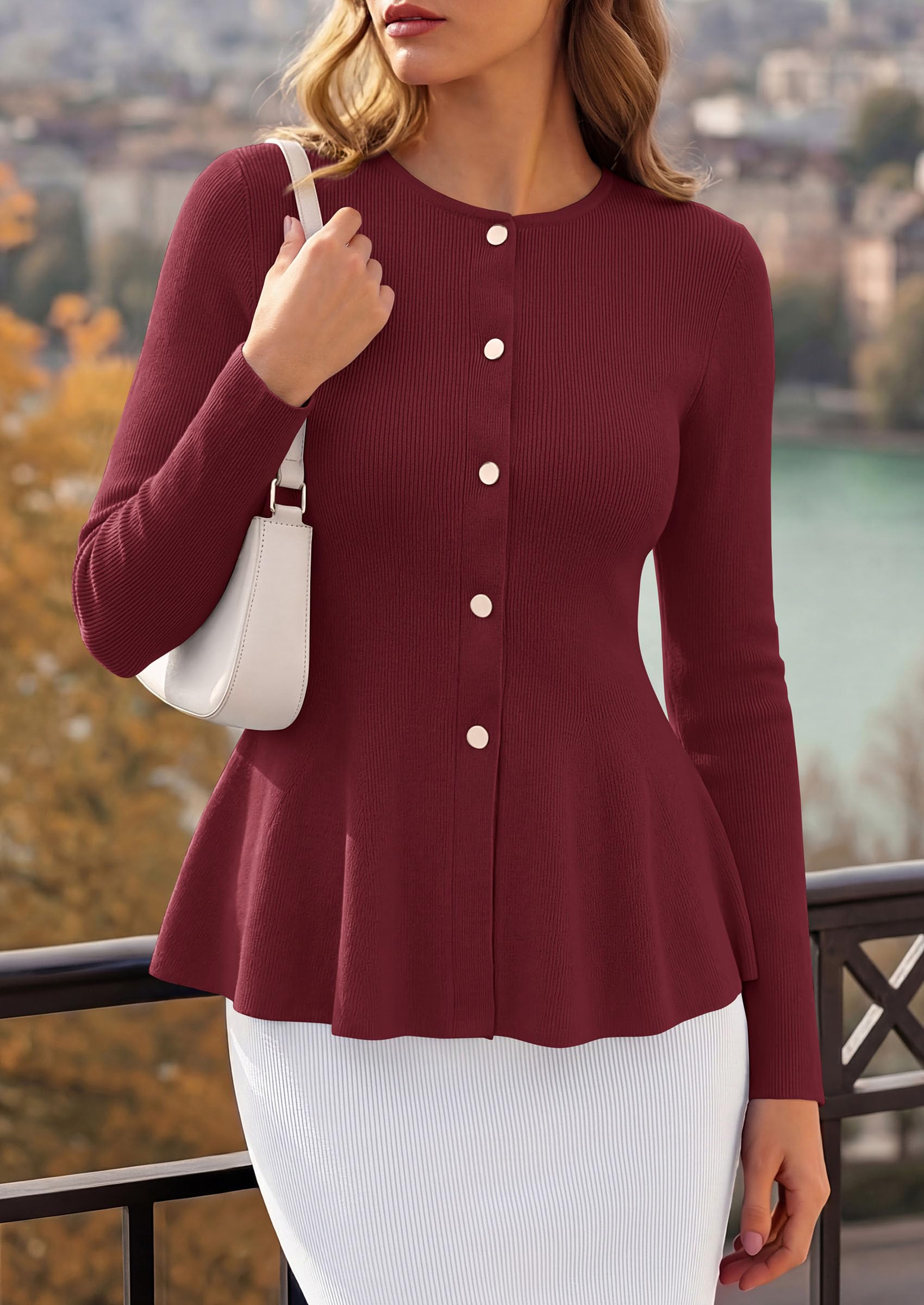 PRETTYGARDEN Women's Fall Lightweight Cardigan Sweaters | Long Sleeve Peplum Tops, Button Up, Slim Fitted, Flared Hem, Soft Ribbed Knit, Business Casual Outfits, Winter Trendy Clothes