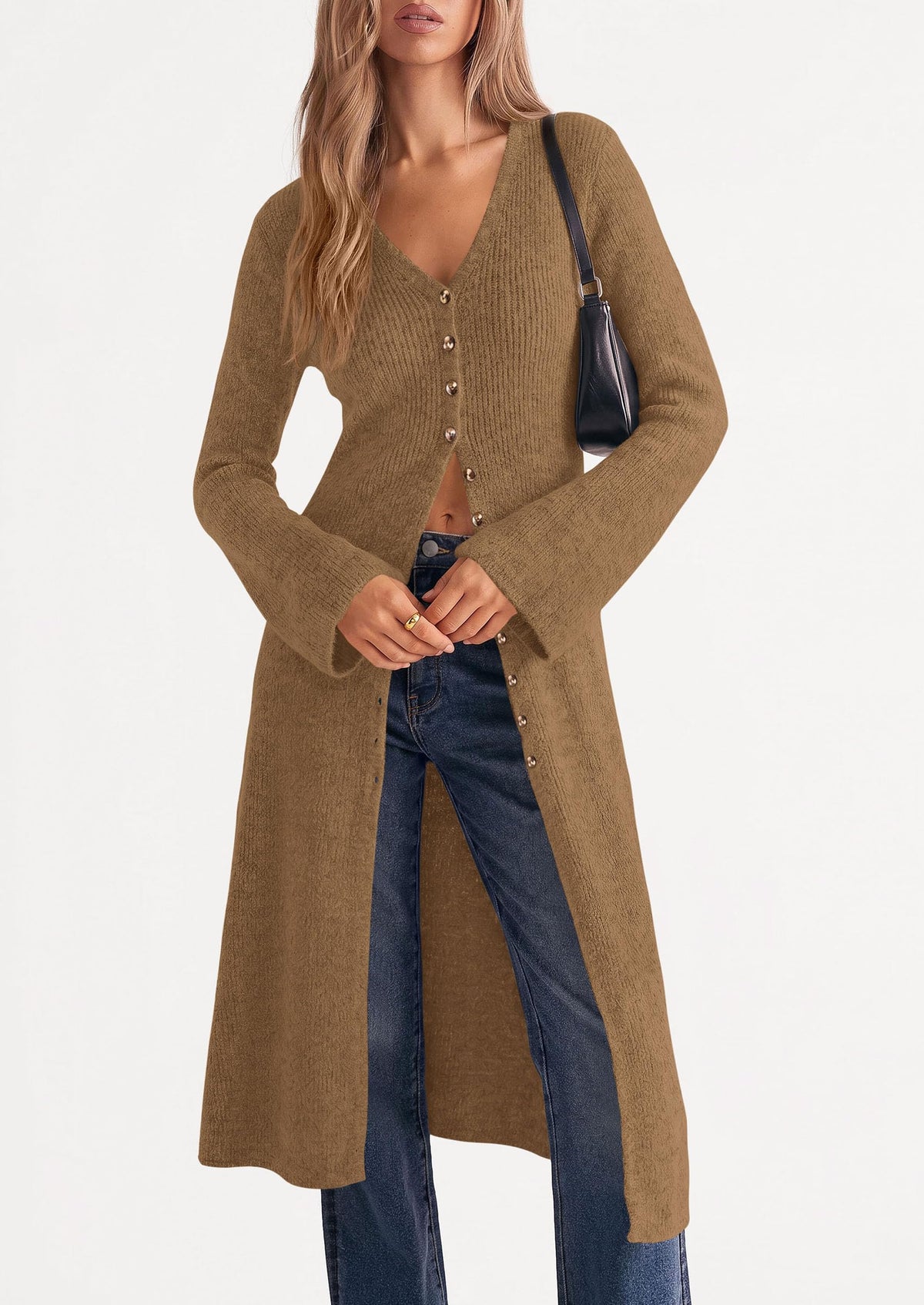 PRETTYGARDEN Women Long Cardigan Bell Sleeve Sweater Dress Early Fall Fashion, V Neck Button Down Coats, Fit and Flare, Duster Sweater, Acrylic Cotton Blend