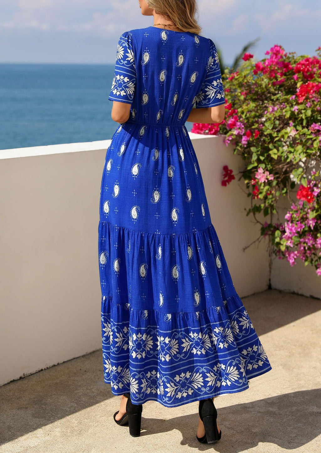 PRETTYGARDEN Womens Summer Boho Maxi Dress Trendy Short Sleeve V Neck Flowy Beach Floral Dresses with Pockets