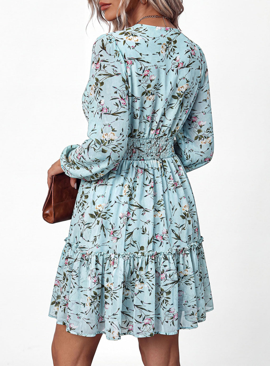 PRETTYGARDEN Women Floral Long Sleeve Mini Dress | Fall Wedding Guest Dresses, V Neck, Fit & Flare, Ruffle Hem A-Line, Short Chiffon Dress, Elegant Holiday Party, Date Outfits
