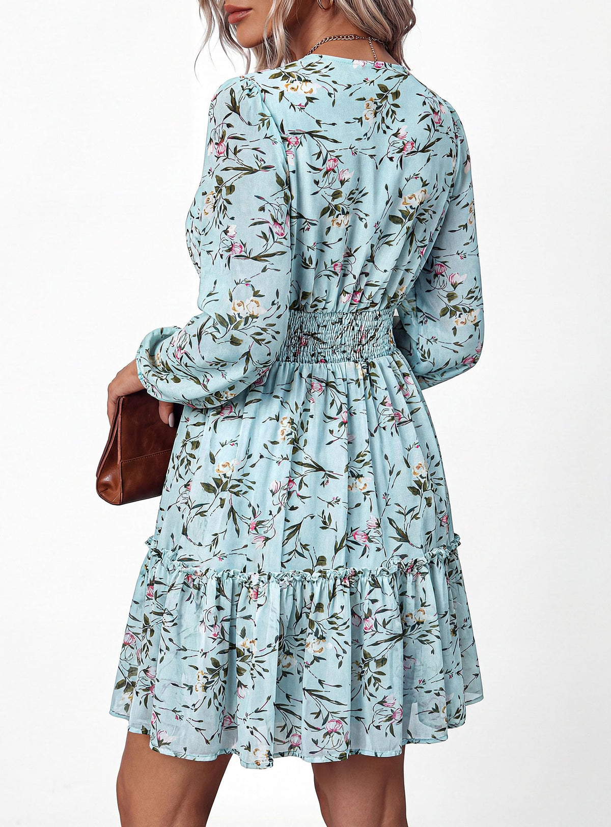 PRETTYGARDEN Women Floral Long Sleeve Mini Dress | Fall Wedding Guest Dresses, V Neck, Fit & Flare, Ruffle Hem A-Line, Short Chiffon Dress, Elegant Holiday Party, Date Outfits