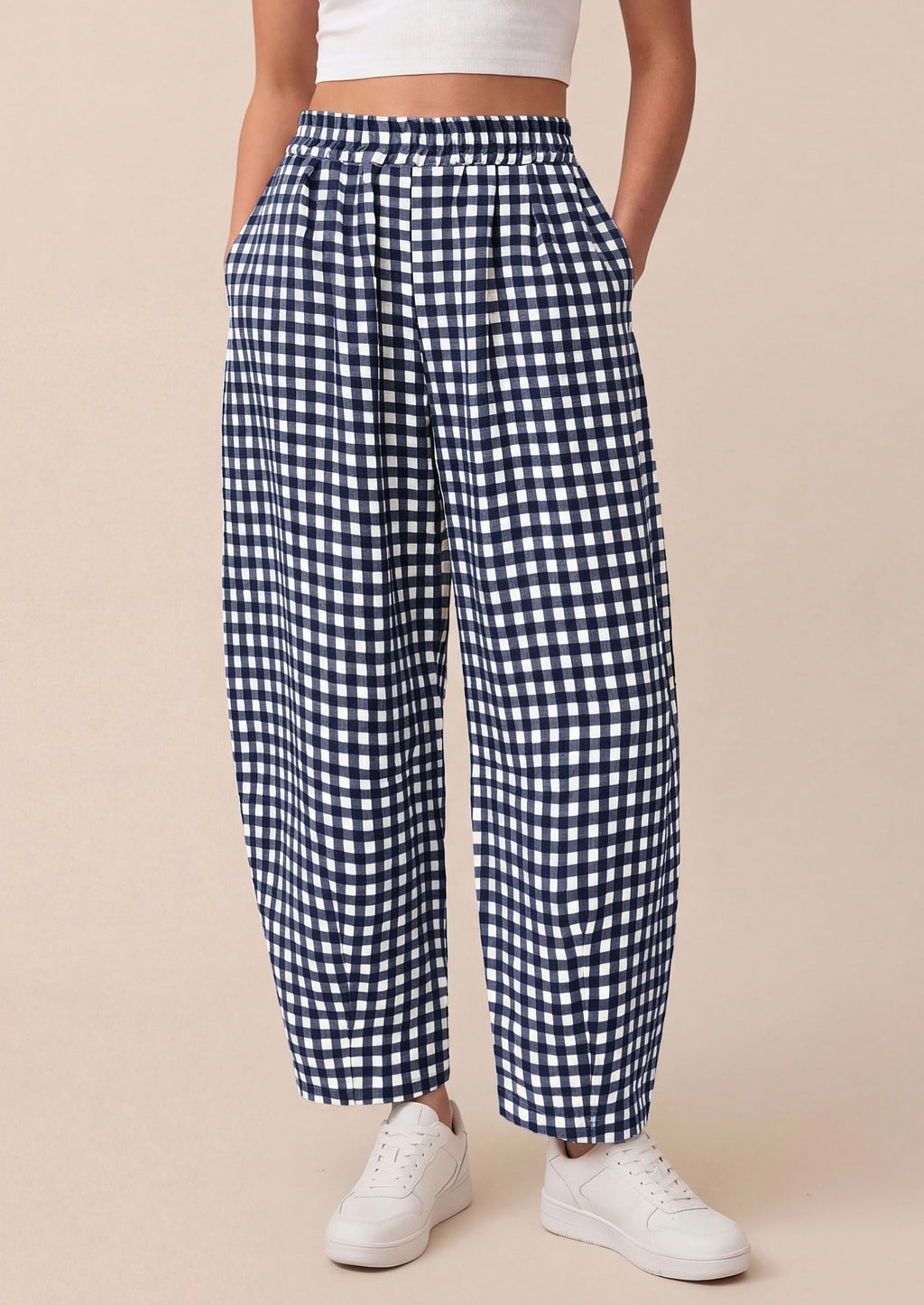 PRETTYGARDEN Plaid Barrel Pants Women Summer Casual Loose Wide Leg Lounge Gingham Trousers Spring Fashion Beach Bottoms