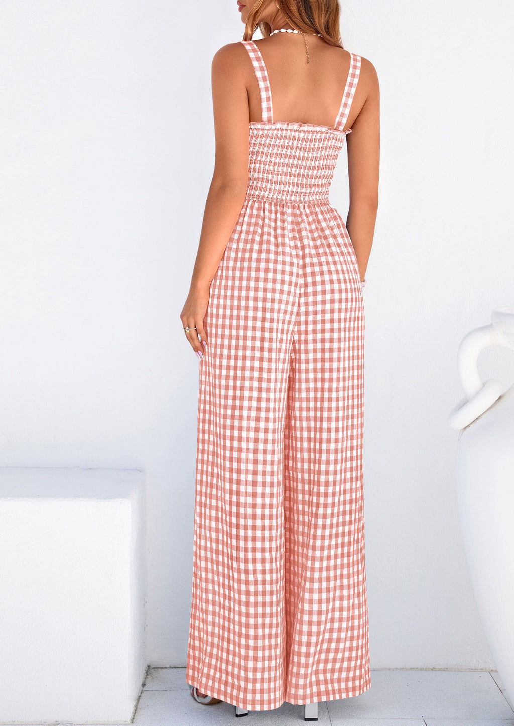 PRETTYGARDEN One Piece Jumpsuits for Women Casual Summer Cruise Outfits  Spring Fashion Smocked Wide Leg Gingham Rompers