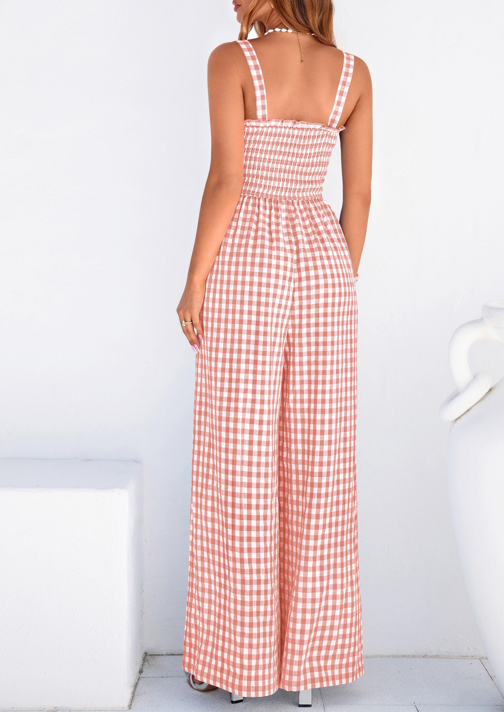 PRETTYGARDEN One Piece Jumpsuits for Women Casual Summer Cruise Outfits  Spring Fashion Smocked Wide Leg Gingham Rompers