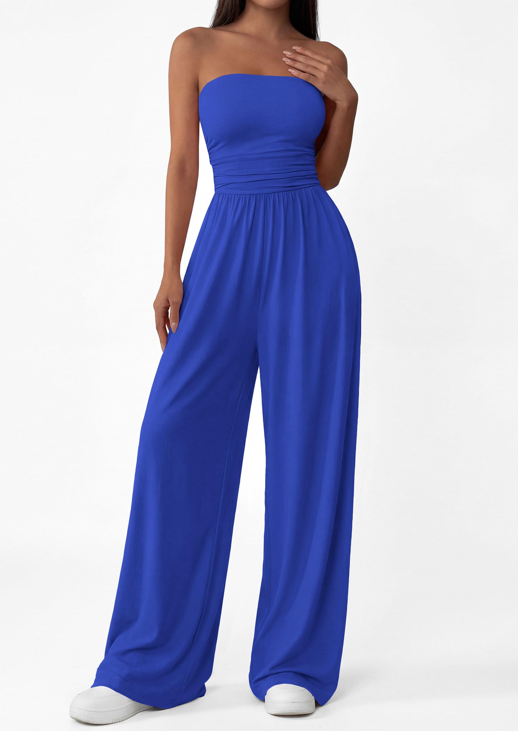 PRETTYGARDEN Womens Trendy Strapless Rompers Ruched Tube Top Wide Leg One Piece Jumpsuits Beach Vacation Summer Outfits
