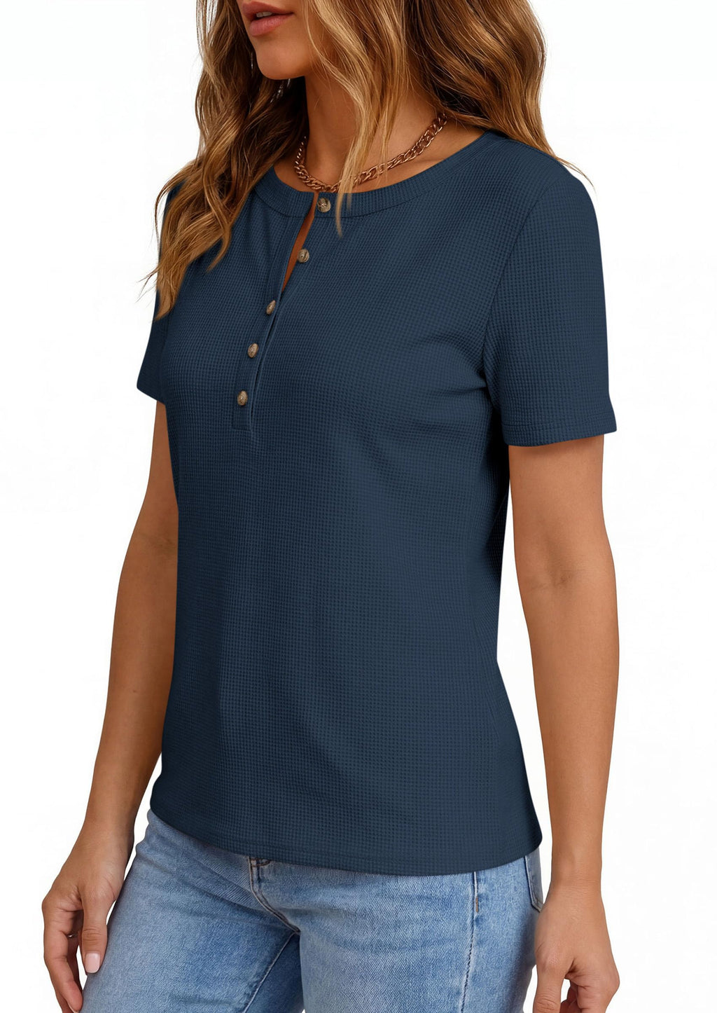 PRETTYGARDEN Waffle Knit Tops for Women Short Sleeve Henley Shirts  Summer Blouses Dressy Casual Spring Fashion Clothes