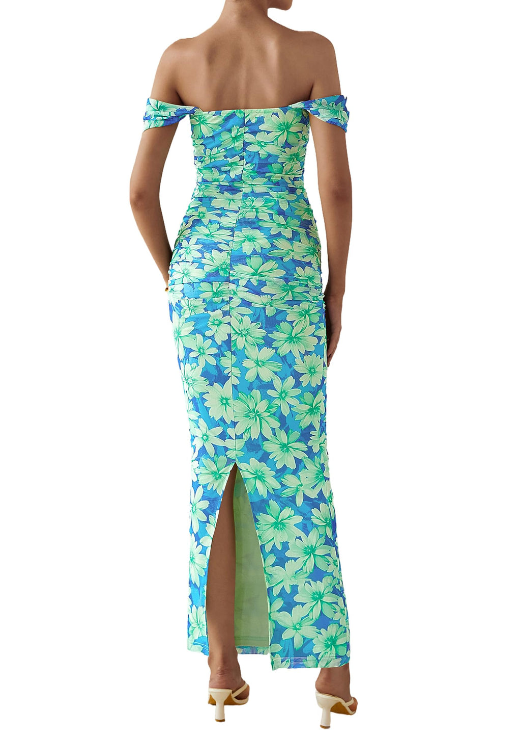 PRETTYGARDEN Cocktail Dresses for Women Summer Floral Off Shoulder Ruched Mesh Elegant Wedding Guest Maxi Dress
