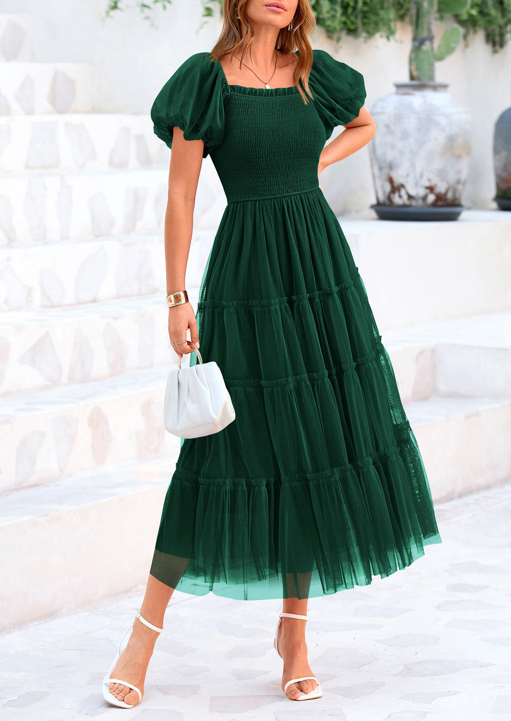 PRETTYGARDEN Women's Smocked Midi Tulle Dress  Summer Puffy Short Sleeve Square Neck Ruffle Wedding Guest Party Dresses