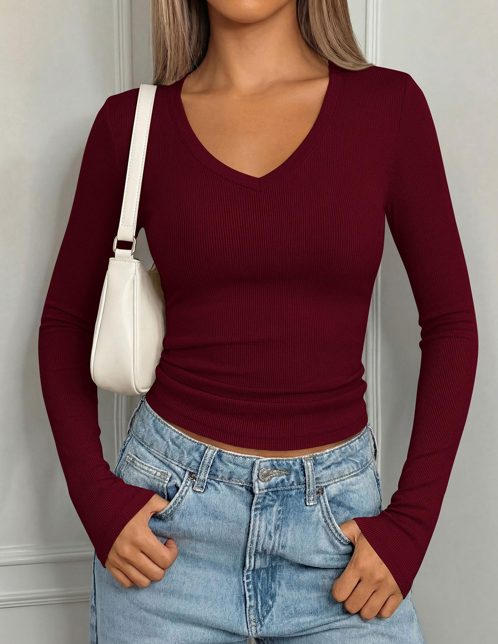 PRETTYGARDEN Long Sleeve Shirts for Women Fall V Neck Basic Tee Casual Fitted Ribbed Going Out Tops Kint Y2K Clothes