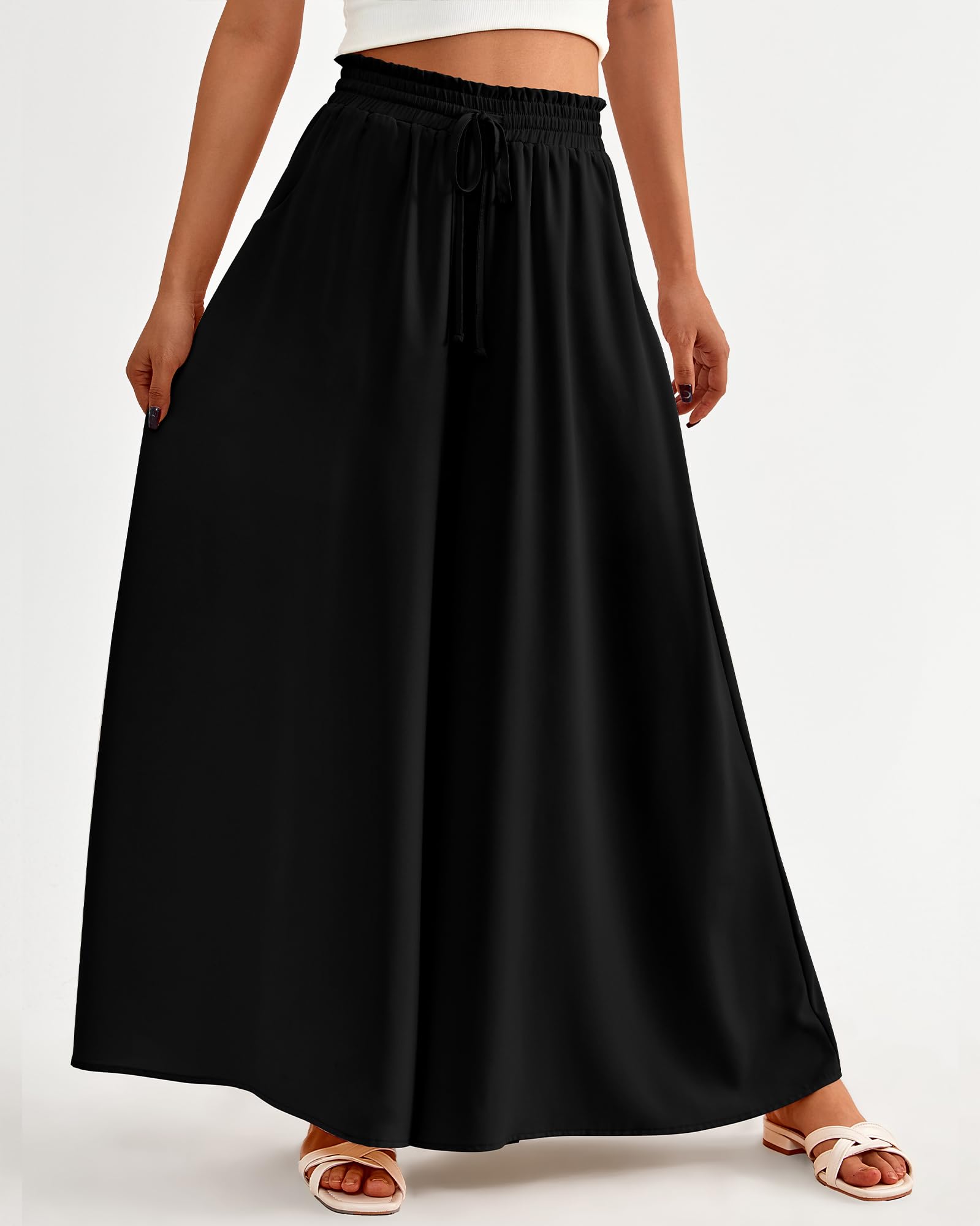 FreshPretty Women Casual High Waist Wide Leg Pants Summer Fall Long Palazzo Pants Pocket Lounge Vacation Beach Trousers