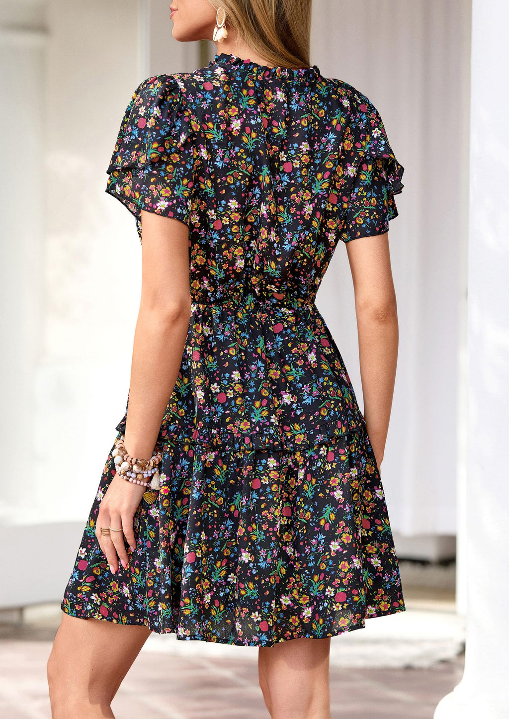 PRETTYGARDEN Womens Summer Floral Mini Dress  Trendy Ruffle Short Sleeve V Neck Flowy A Line Short Beach Dresses