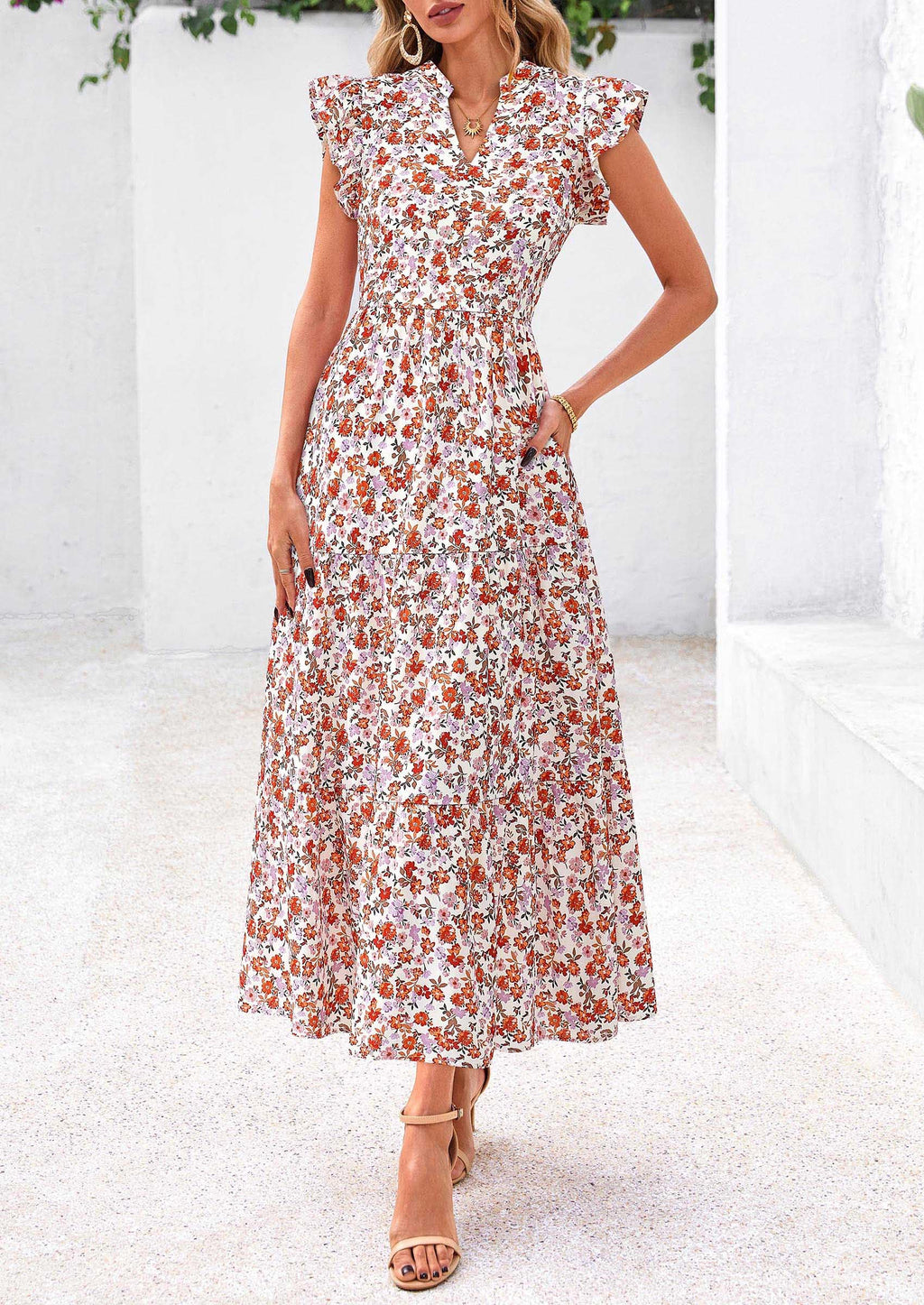 Visit the PRETTYGARDEN Store PRETTYGARDEN Women's Summer Floral Midi Dress Cap Sleeve V Neck Ruffle Long Flowy Boho Casual Beach Vacation Dresses